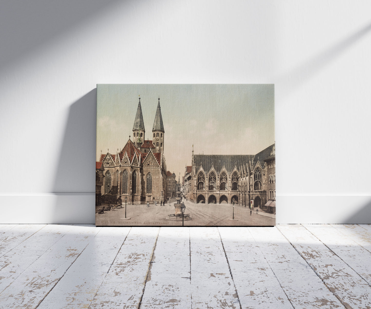 A picture of Braunschweig. Altstadtmarkt, a mockup of the print leaning against a wall