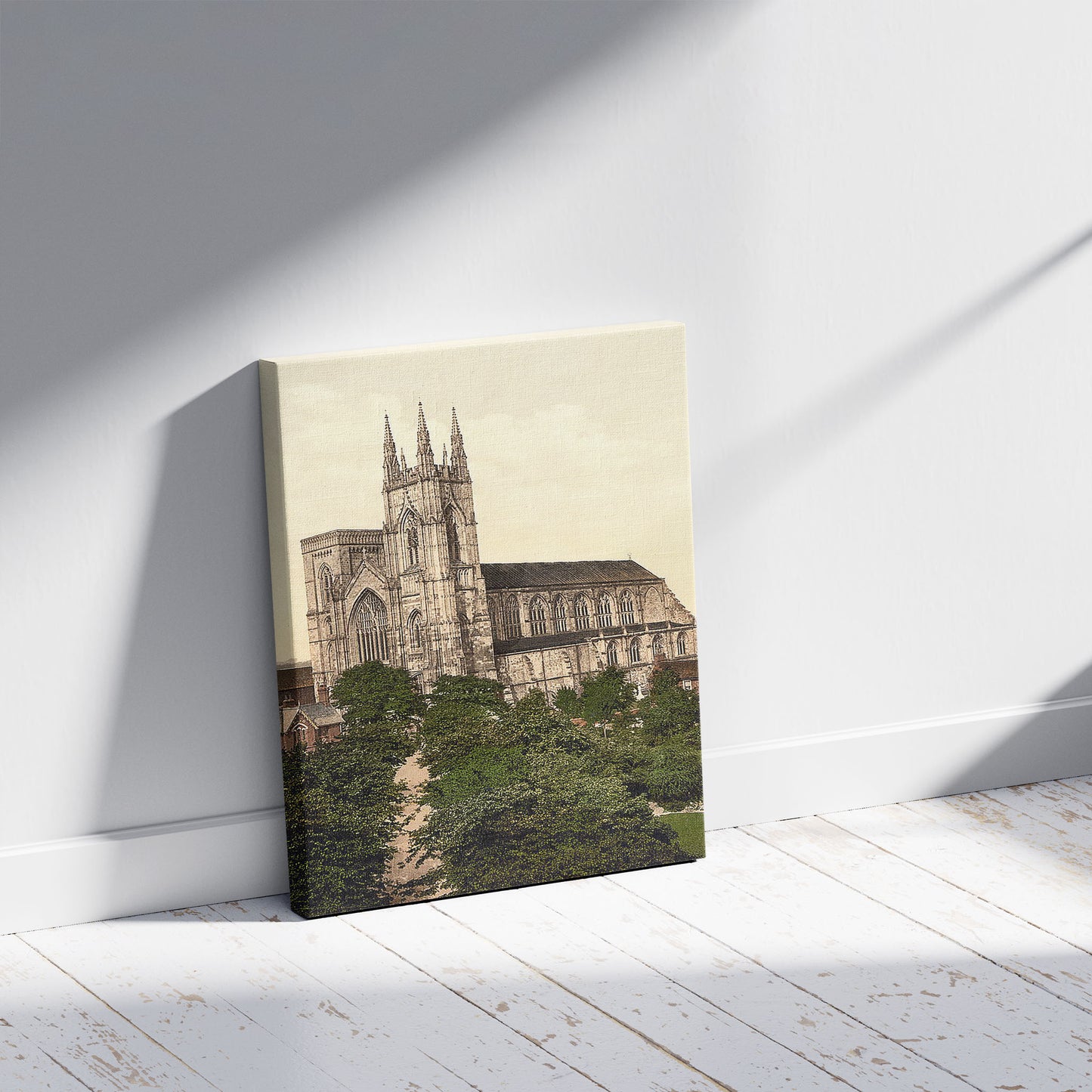 A picture of Bridlington, Priory Church, Yorkshire, England, a mockup of the print leaning against a wall
