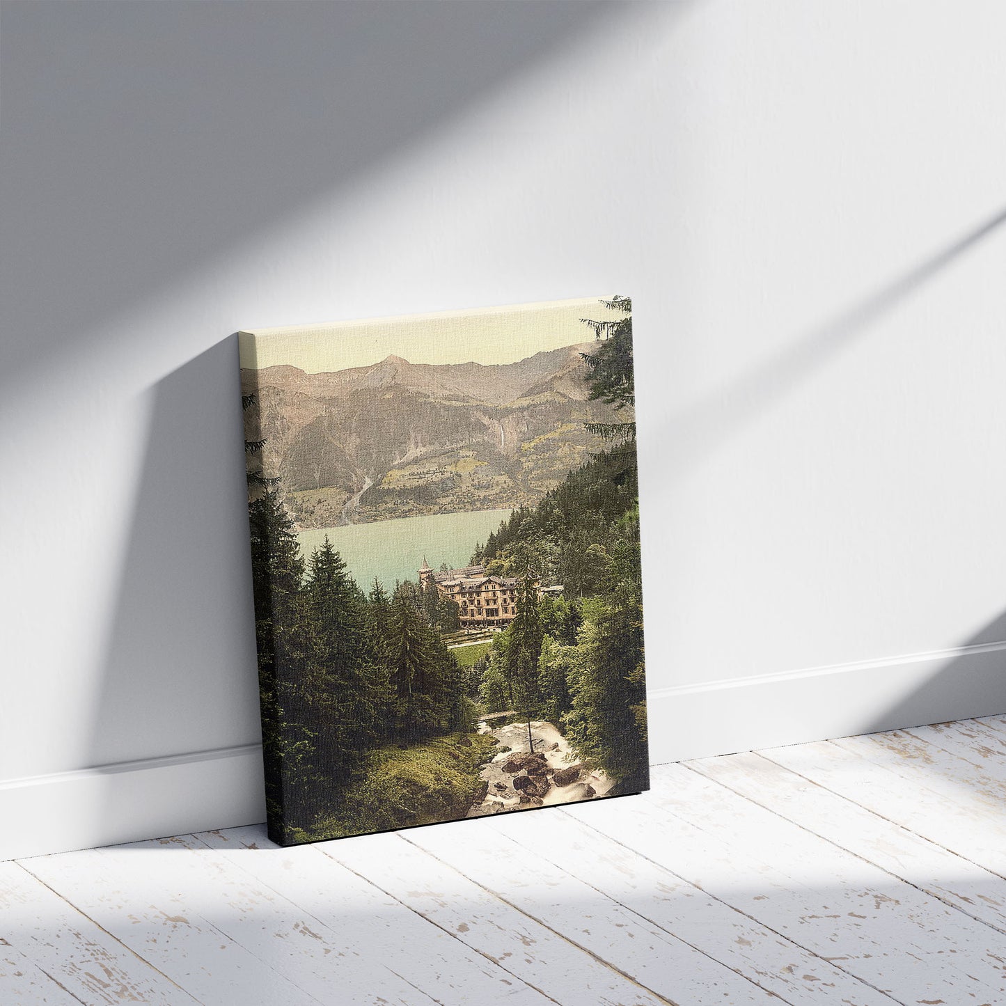 A picture of Brienz Lake, Hotel Giessbach, Bernese Oberland, Switzerland, a mockup of the print leaning against a wall