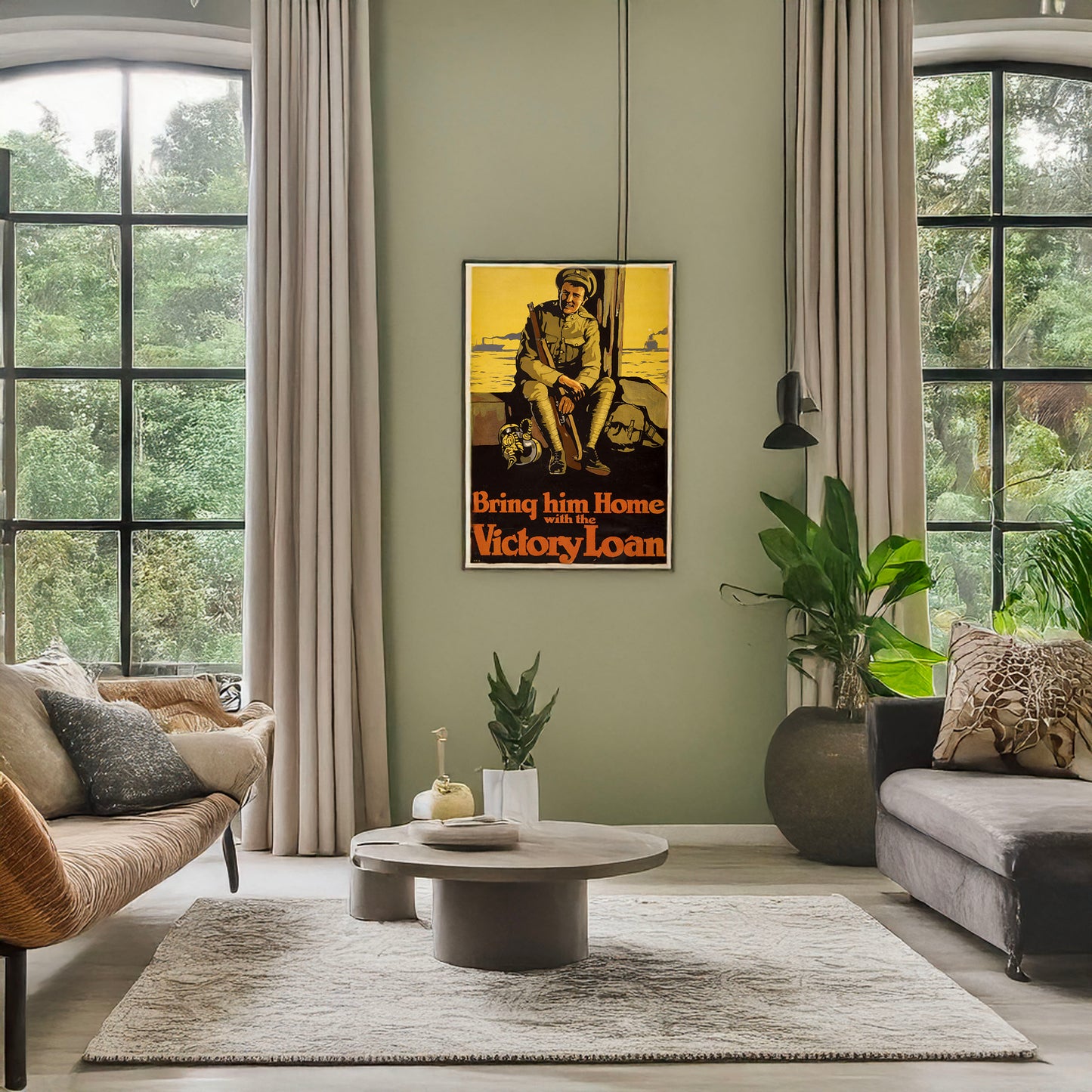 A picture of Bring him home with the Victory Loan, a mockup of the print leaning against a wall
