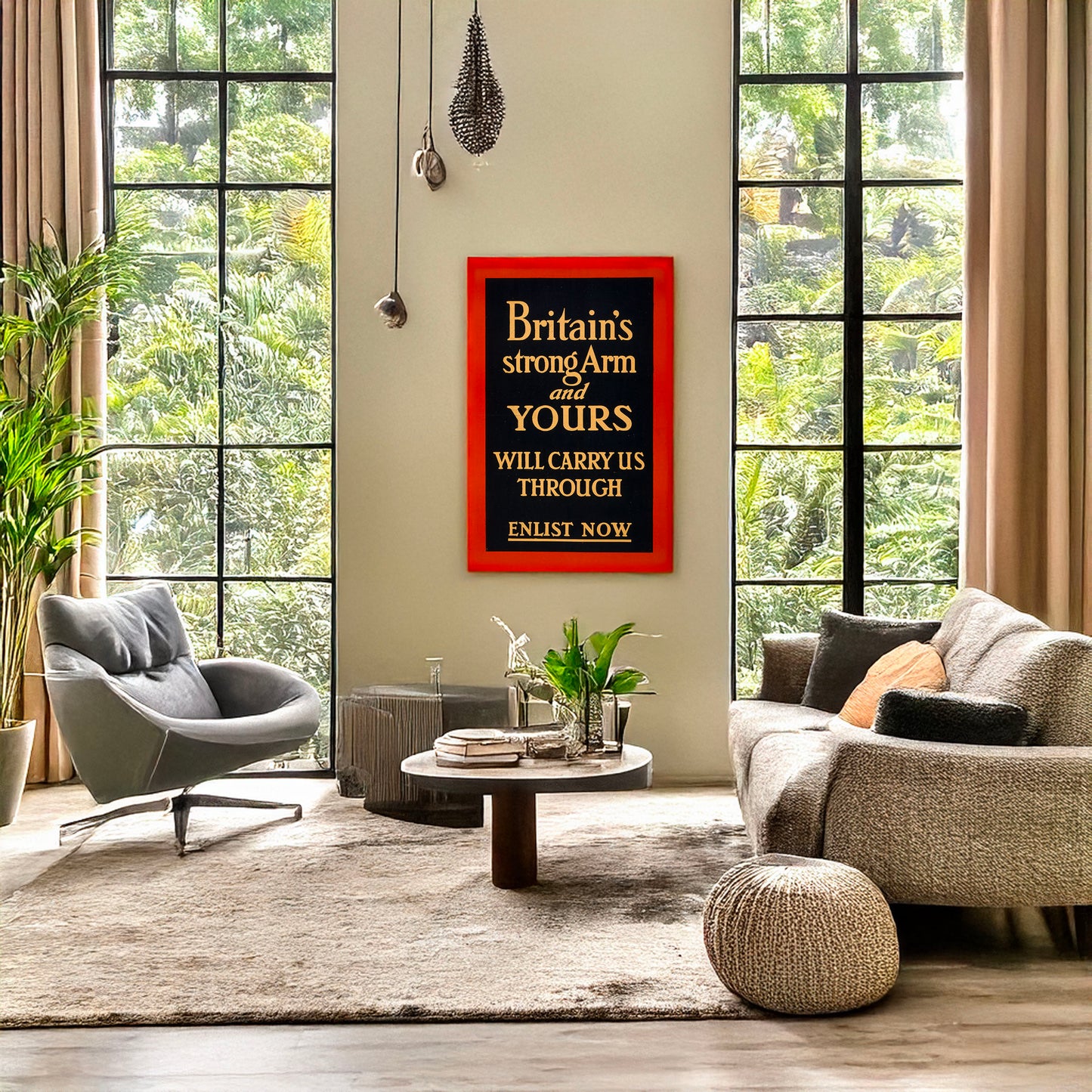 A picture of Britain's strong arm, and yours, will carry us through. Enlist now, a mockup of the print leaning against a wall