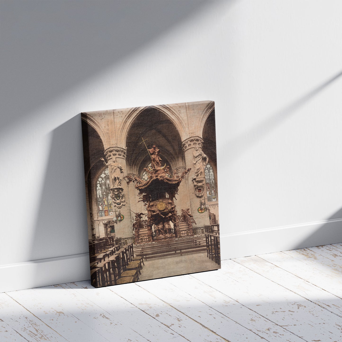 A picture of Bruxelles. Le Chaire Dans St. Gudule, a mockup of the print leaning against a wall