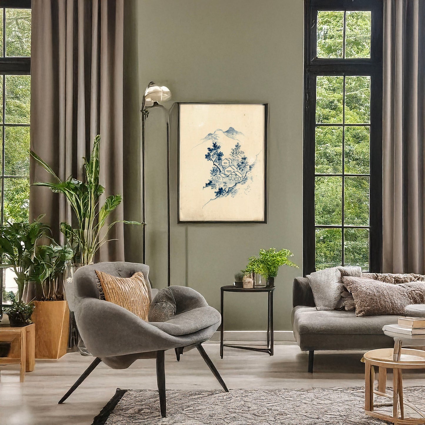 A picture of Buildings nestled among trees in a mountain valley, a mockup of the print leaning against a wall