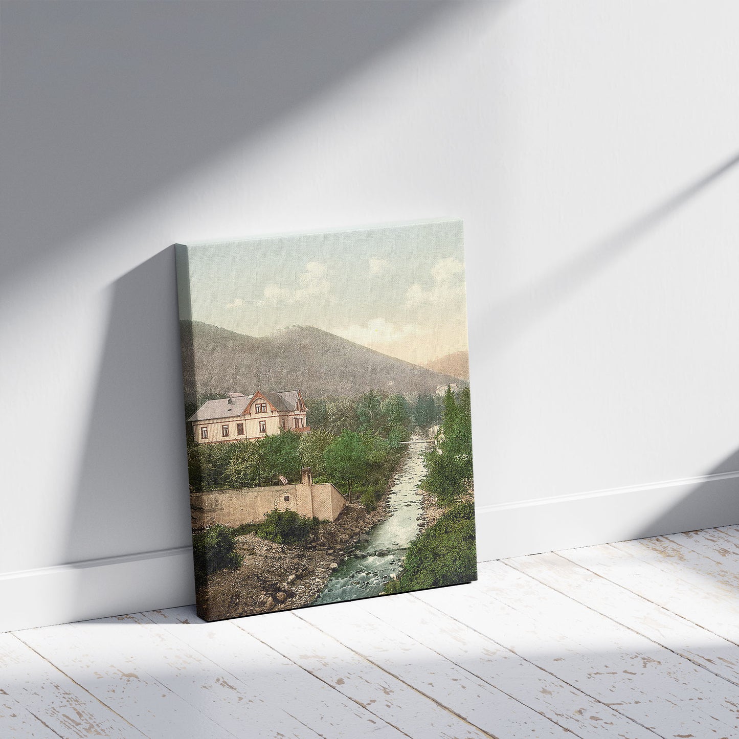 A picture of Burgberg, Harzburg, Hartz, Germany, a mockup of the print leaning against a wall