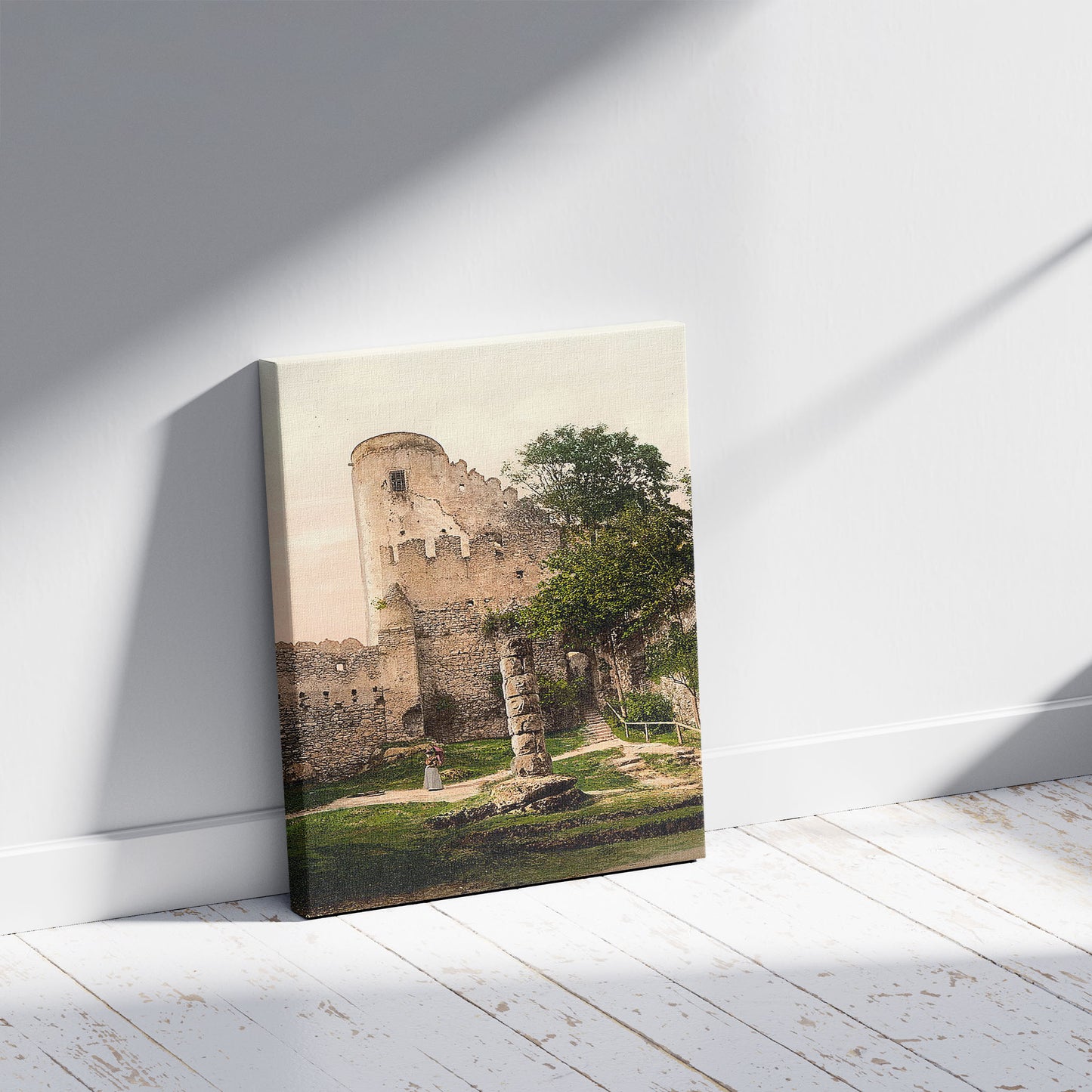 A picture of Burghof and Prangersaule, Kynast, Riesengebirge, Germany, a mockup of the print leaning against a wall