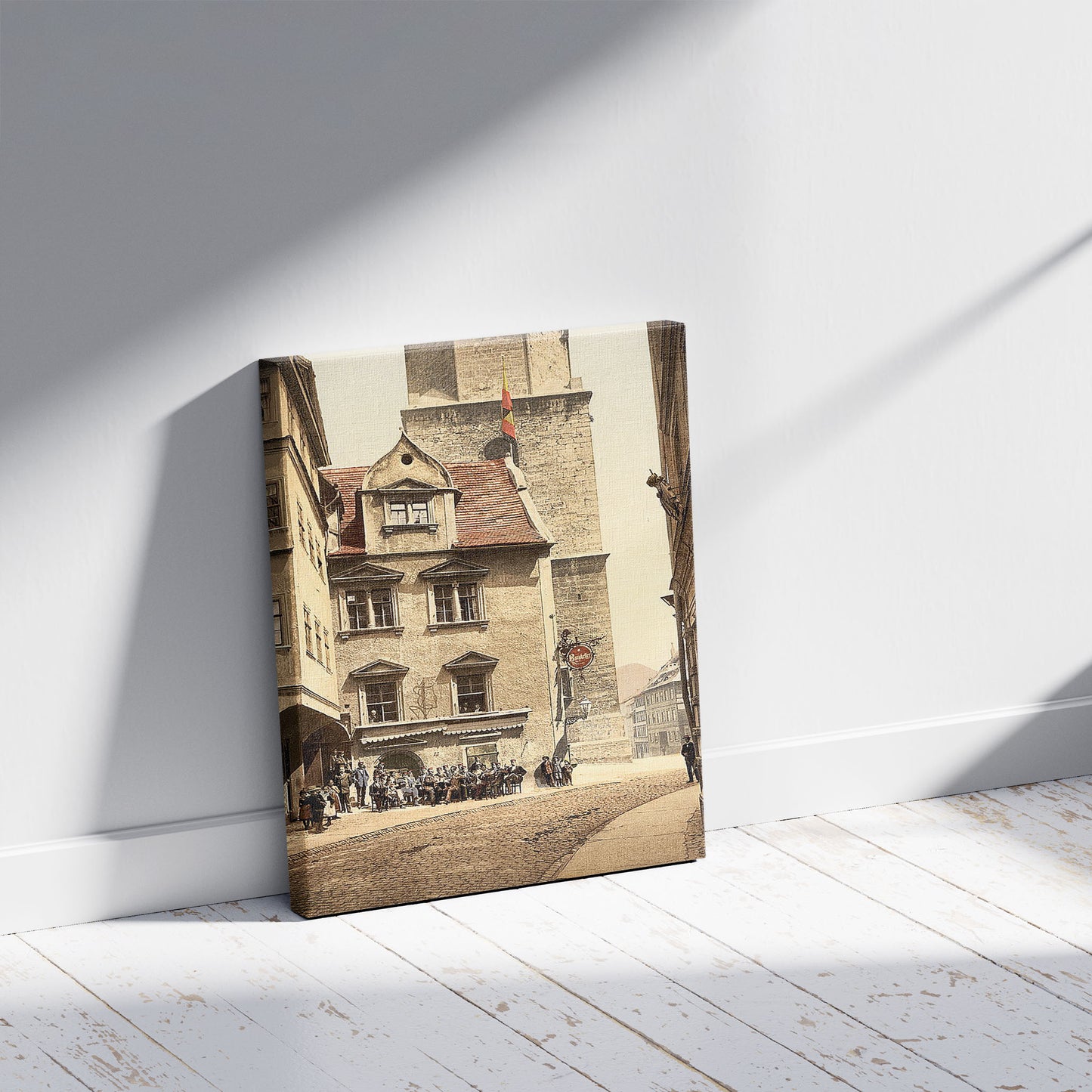 A picture of Burgkeller, Jena, Thuringia, Germany, a mockup of the print leaning against a wall