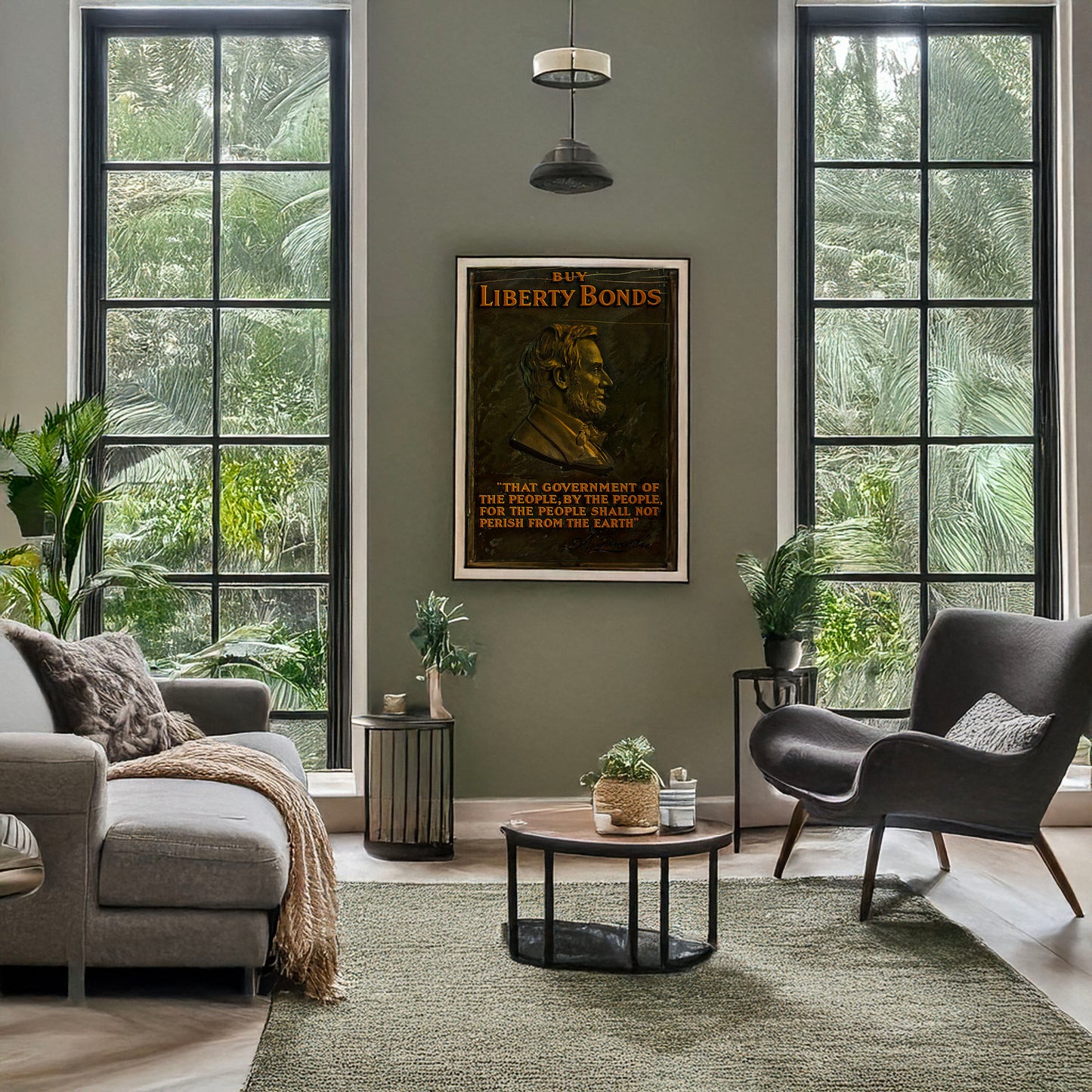 A picture of Buy Liberty Bonds, a mockup of the print leaning against a wall
