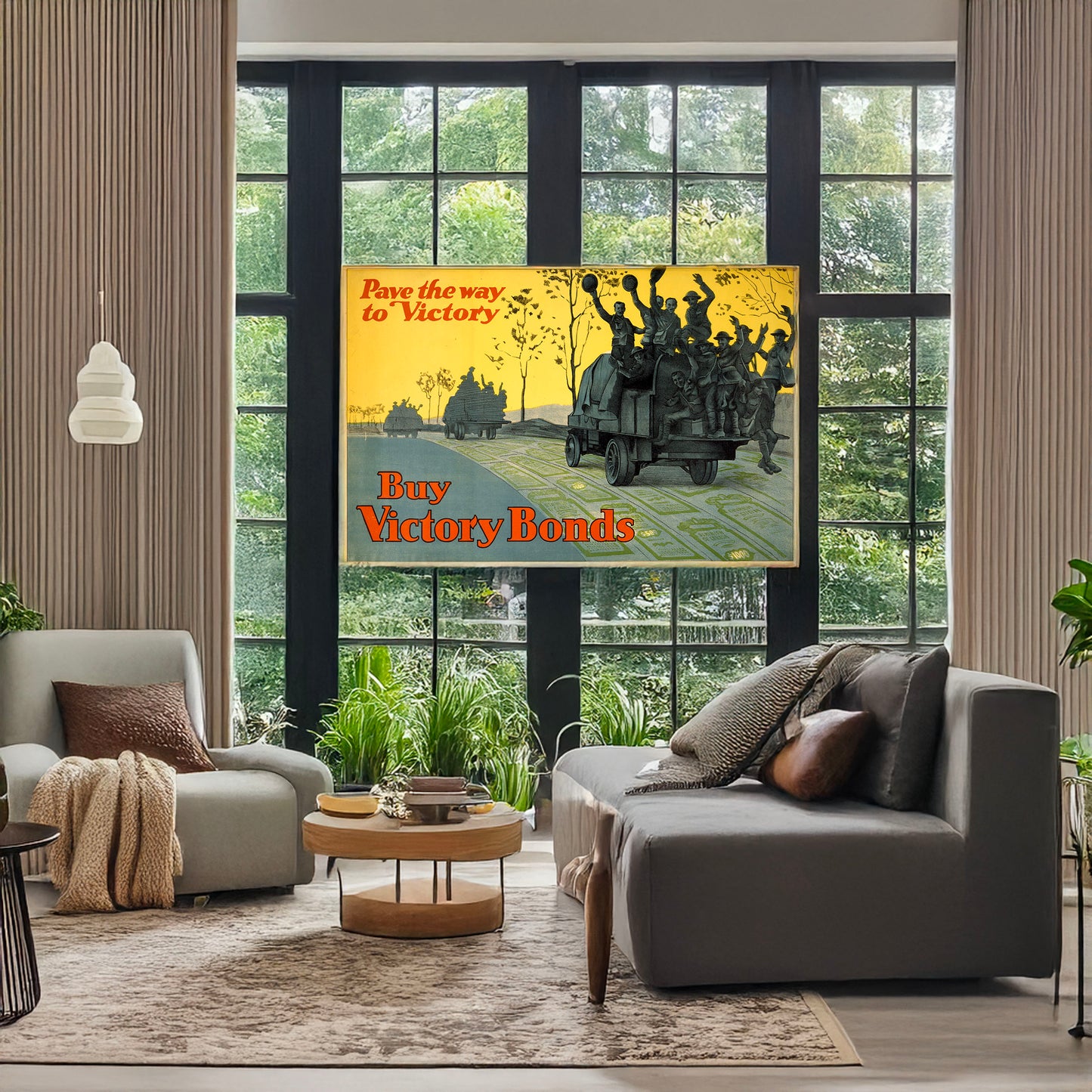 A picture of Buy War Bonds. Pave the way to victory, a mockup of the print leaning against a wall