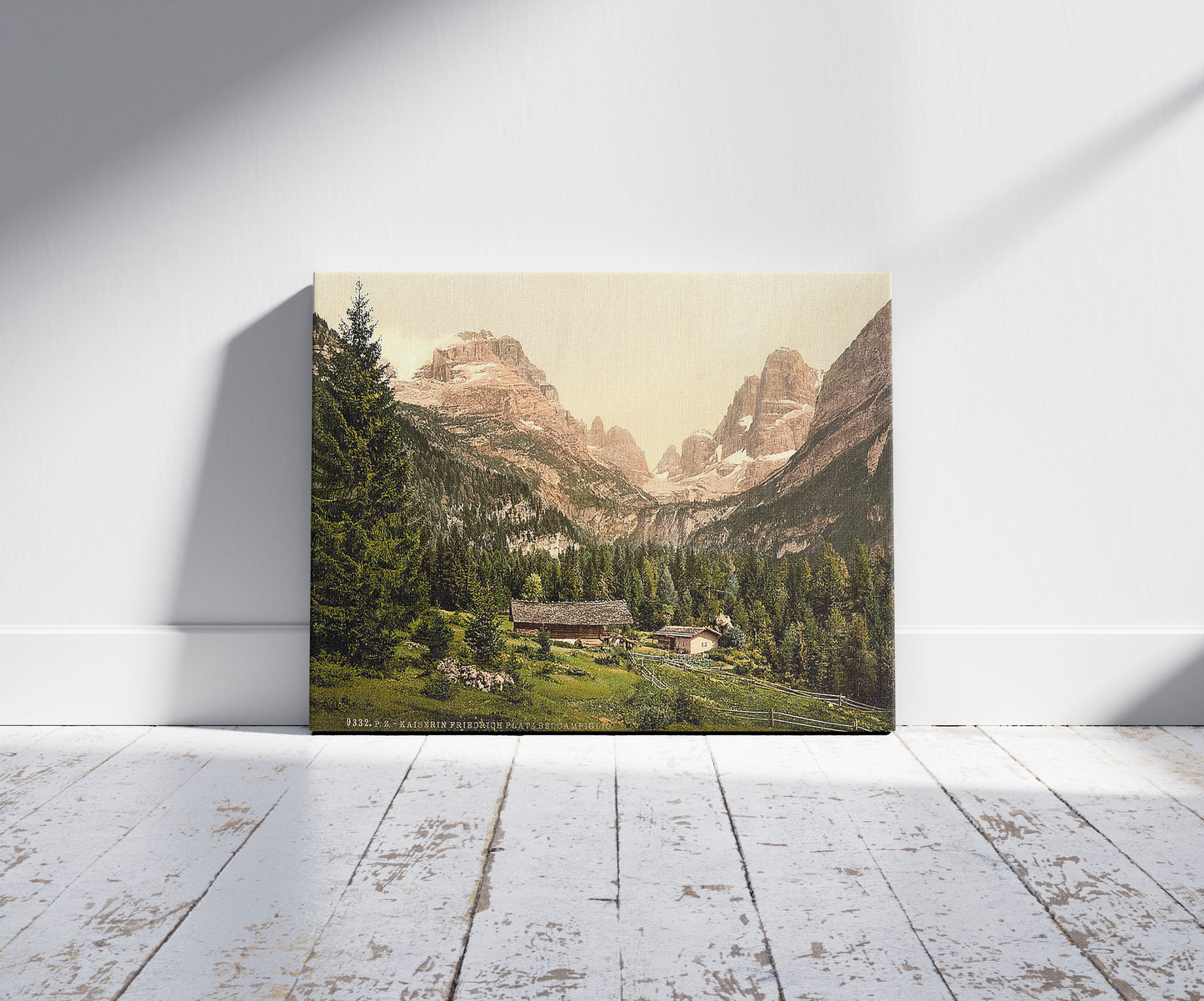 A picture of Campiglio (i.e., Madonna di Campiglio), Empress Frederick's Place, Tyrol, Austro-Hungary, a mockup of the print leaning against a wall