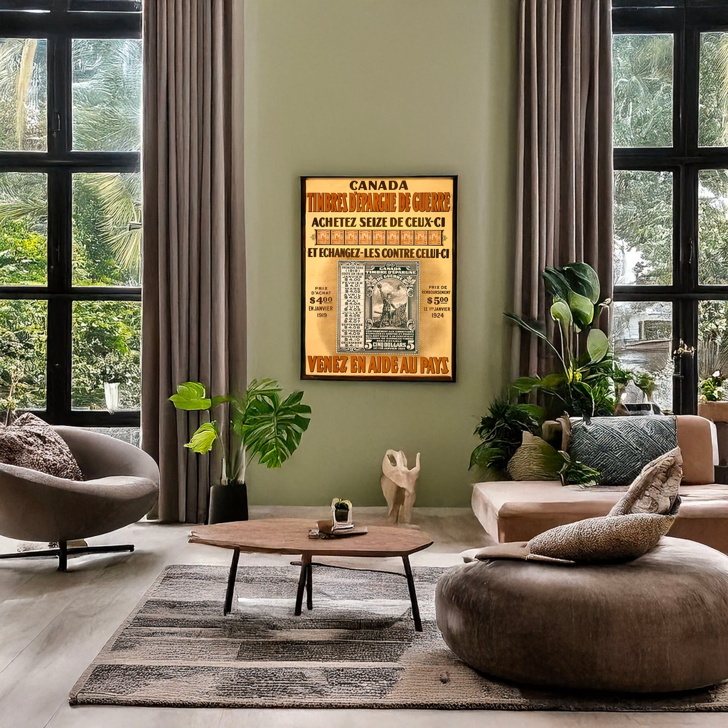 A picture of Canada timbres d'epargne de guerre. Venez en aide au pays, a mockup of the print leaning against a wall