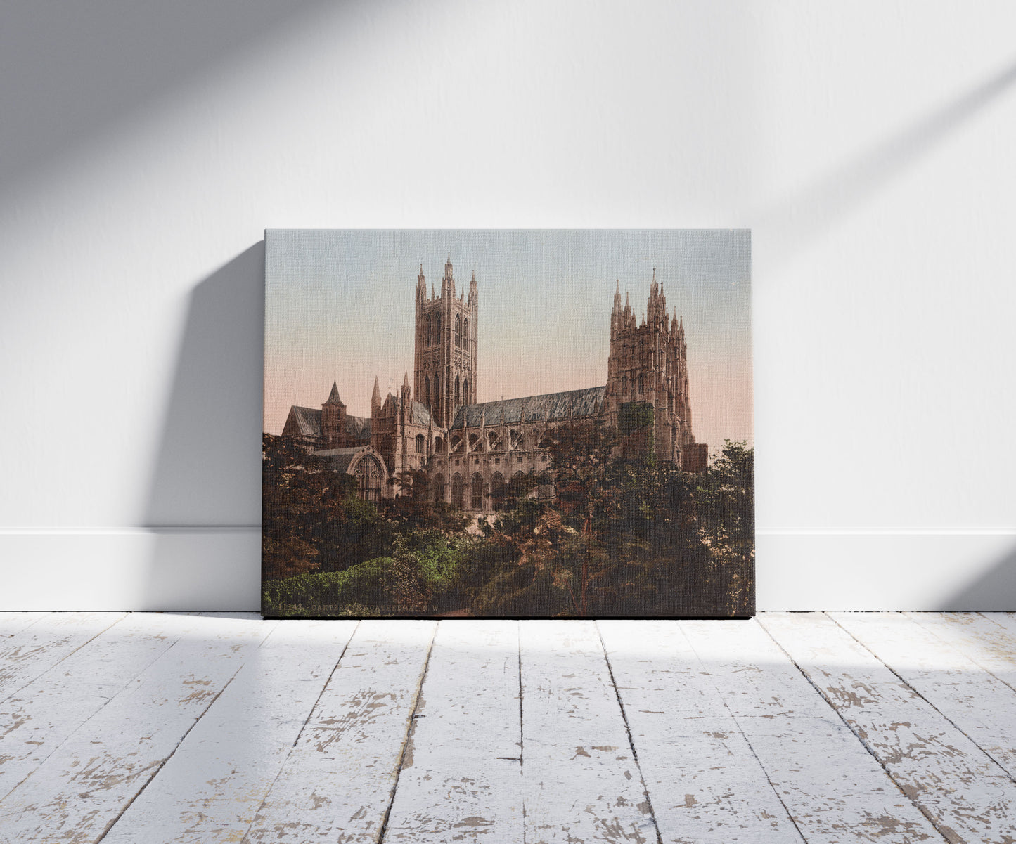A picture of Canterbury Cathedral, N.W., a mockup of the print leaning against a wall