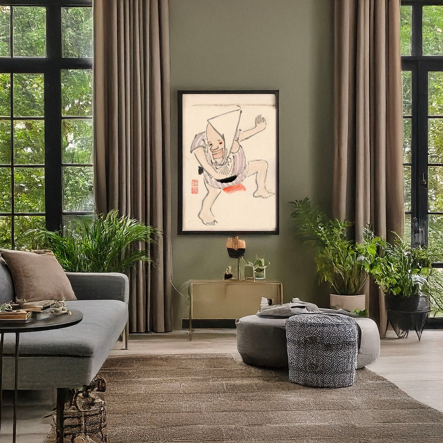 A picture of Caricature of a dancer, a mockup of the print leaning against a wall