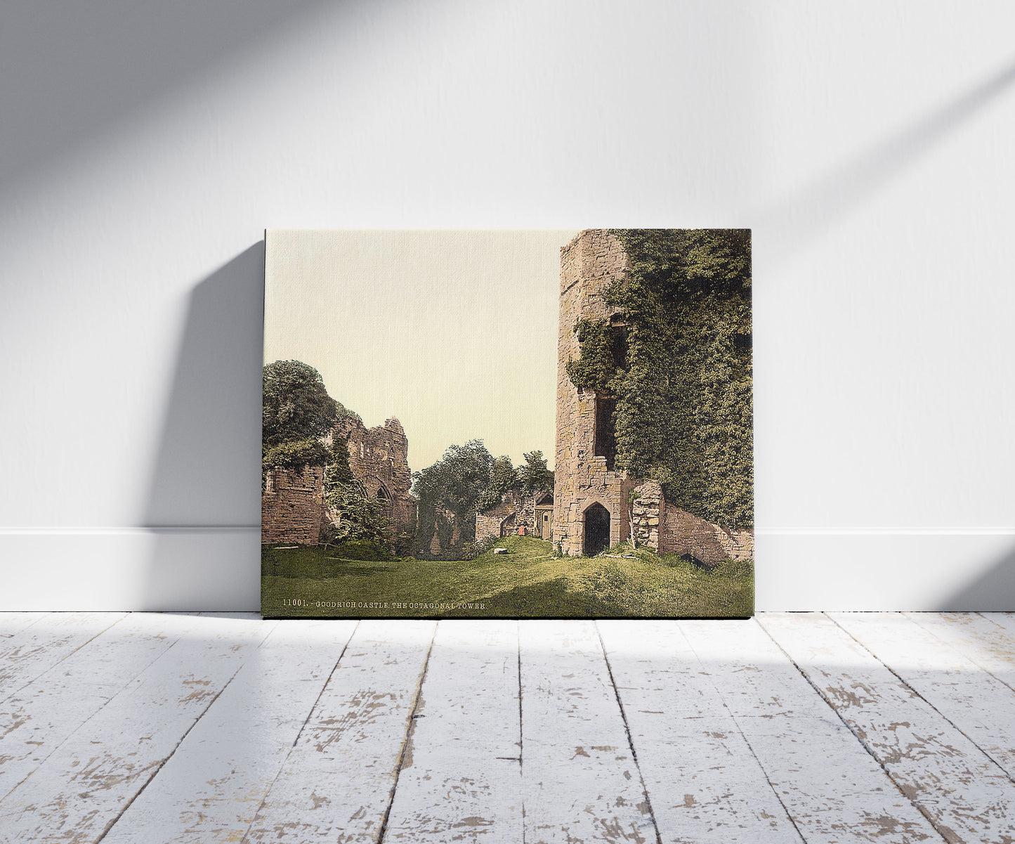 A picture of Castle, the octagonal tower, Goodrich, England, a mockup of the print leaning against a wall