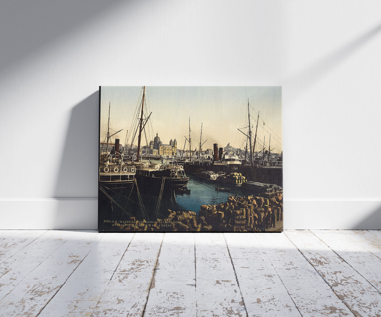 A picture of Cathedral and Notre Dame de la Garde, Marseilles, France, a mockup of the print leaning against a wall