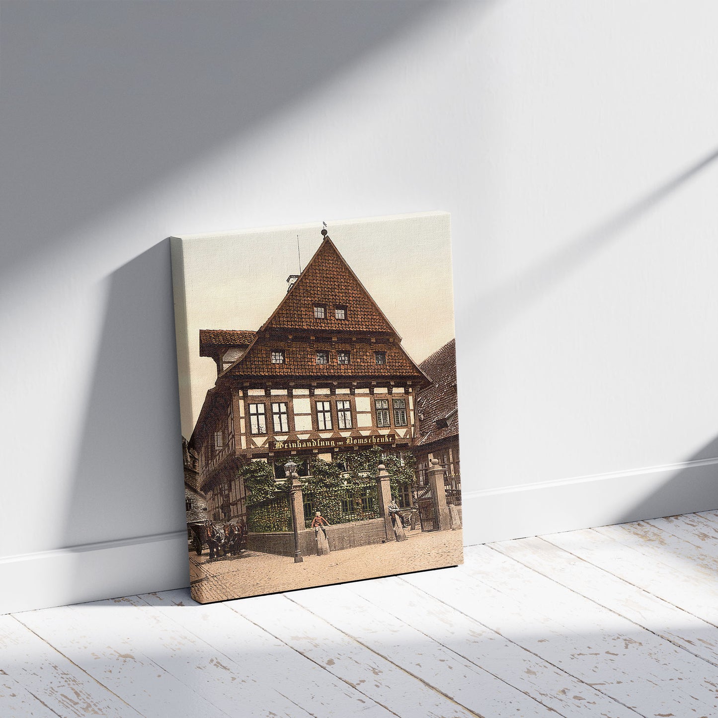 A picture of Cathedral, Hildesheim, Hanover, Germany, a mockup of the print leaning against a wall