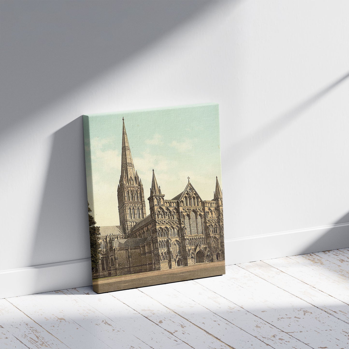 A picture of Cathedral, Salisbury, England, a mockup of the print leaning against a wall