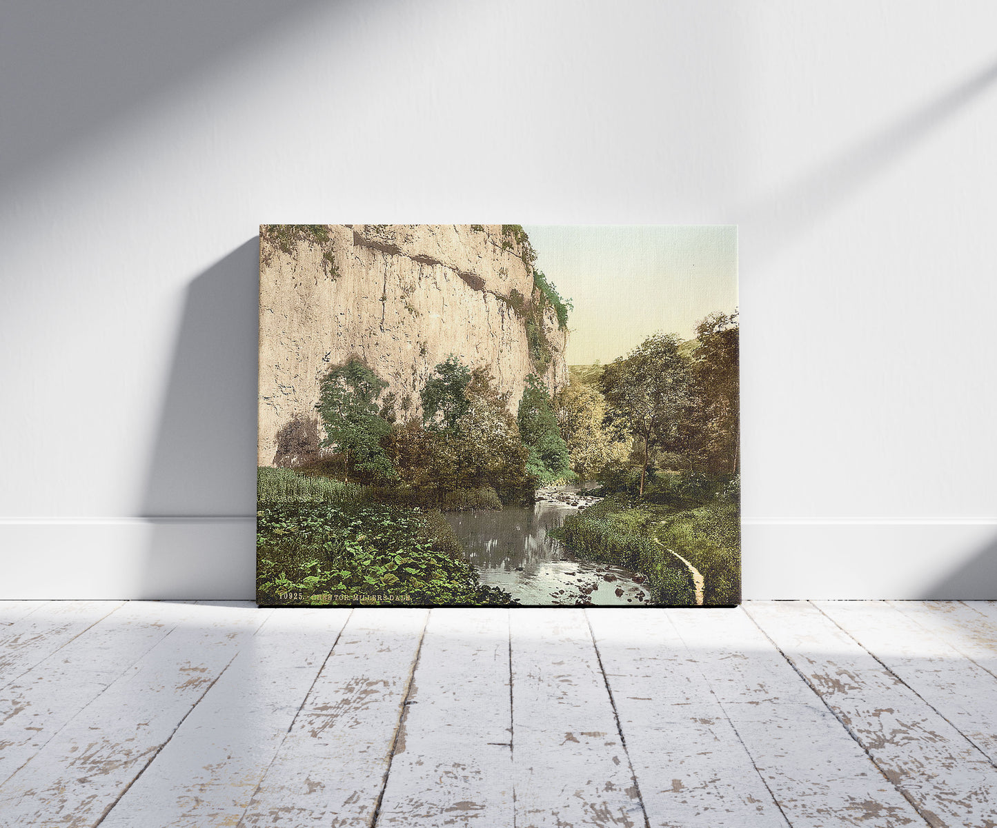 A picture of Chee Tor, II, Miller's Dale, Derbyshire, England, a mockup of the print leaning against a wall