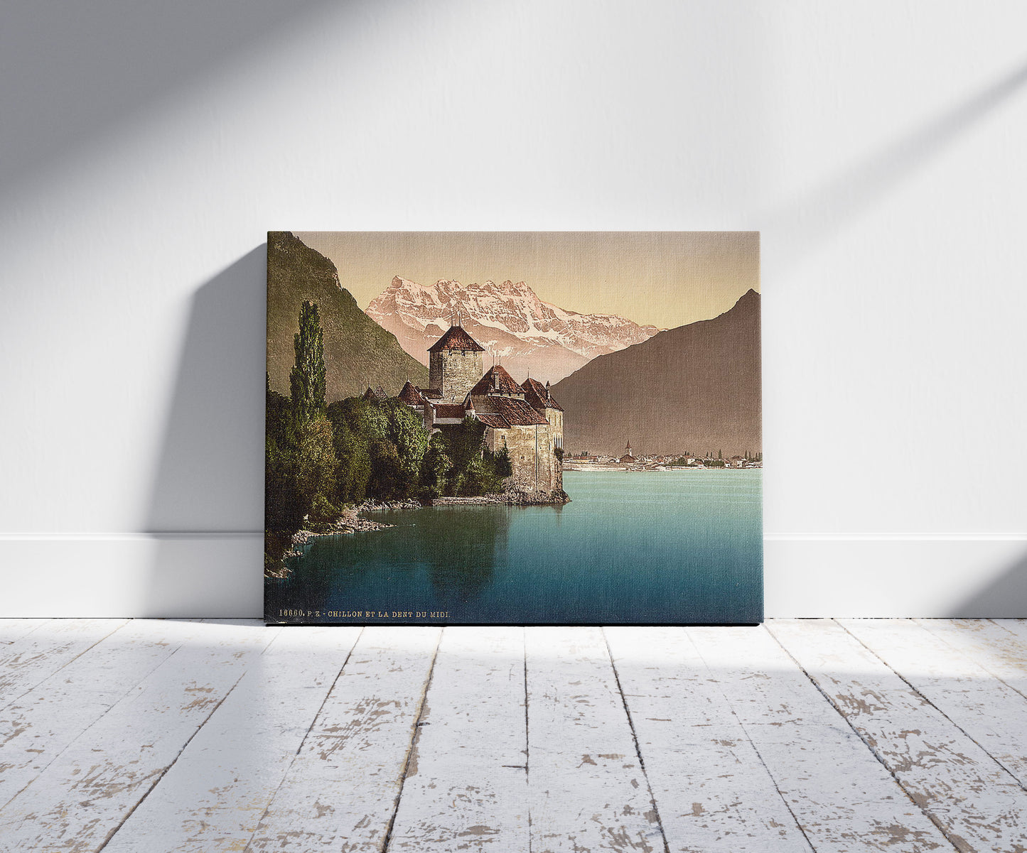 A picture of Chillon Castle, and Dent du Midi, Geneva Lake, Switzerland