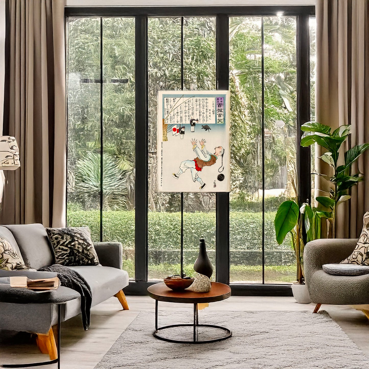 A picture of Chinese man frightened by two toy figures of Japanese soldiers and a turtle hanging by strings, a mockup of the print leaning against a wall