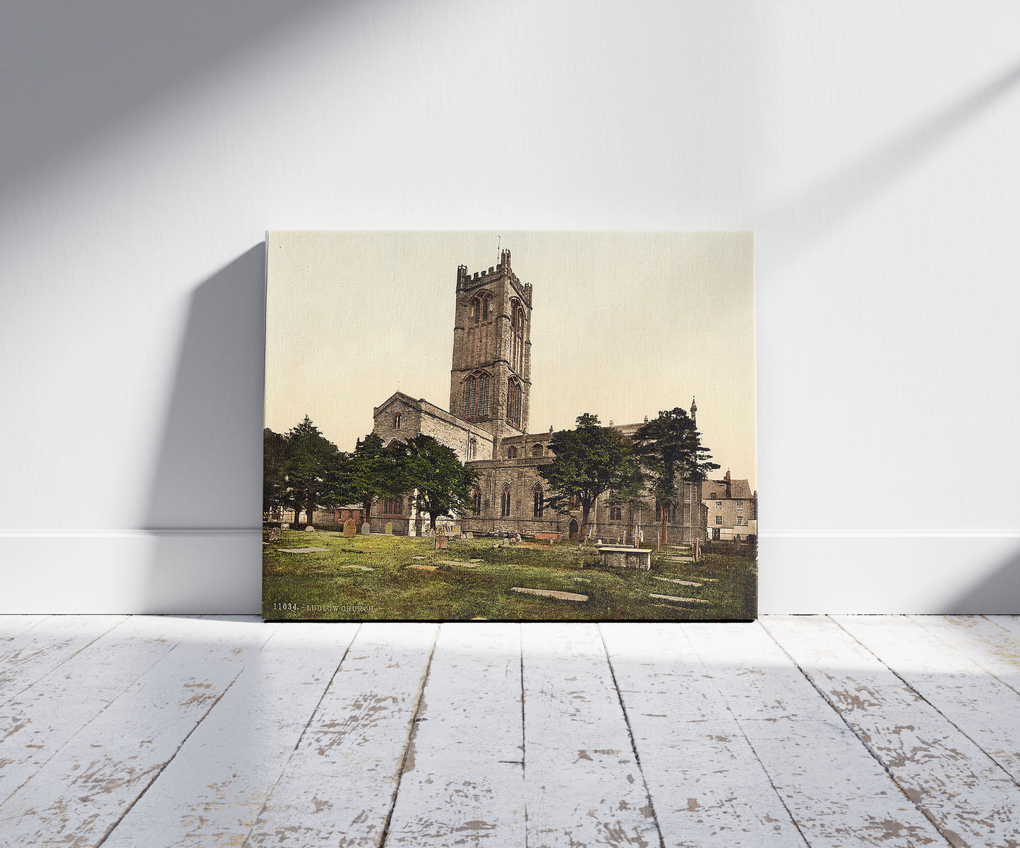 A picture of Church, Ludlow, England, a mockup of the print leaning against a wall