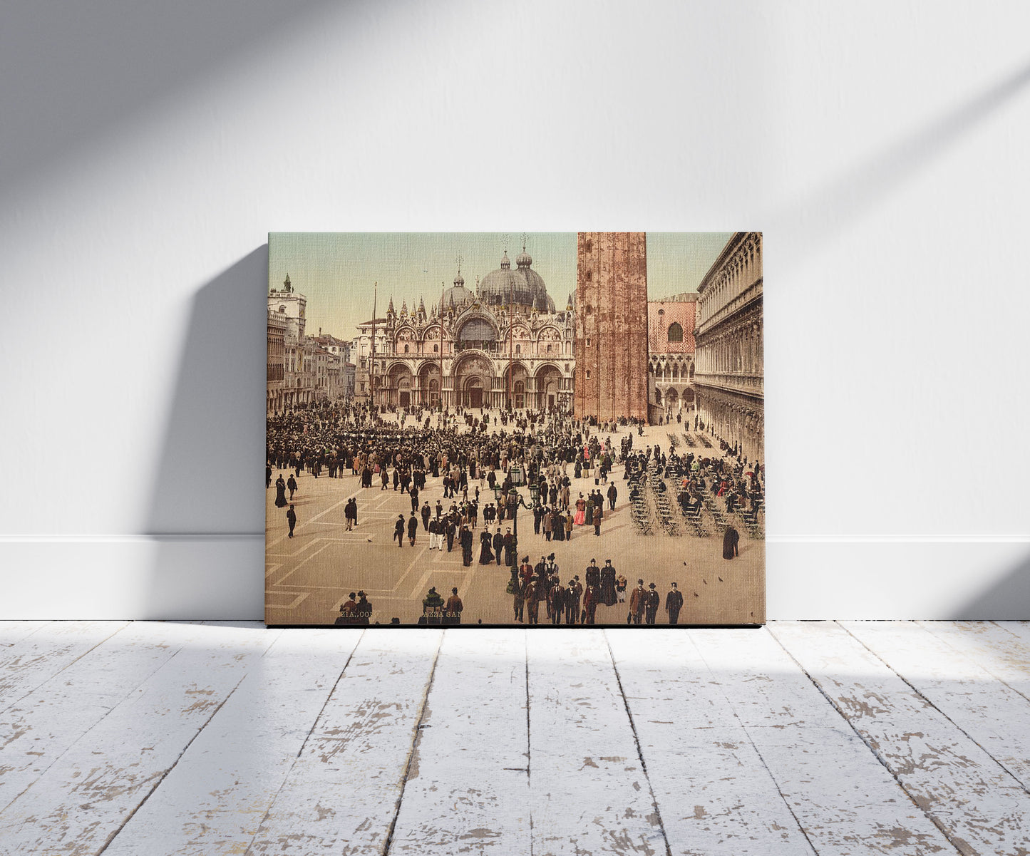 A picture of Concert in St. Mark's Place, Venice, Italy, a mockup of the print leaning against a wall