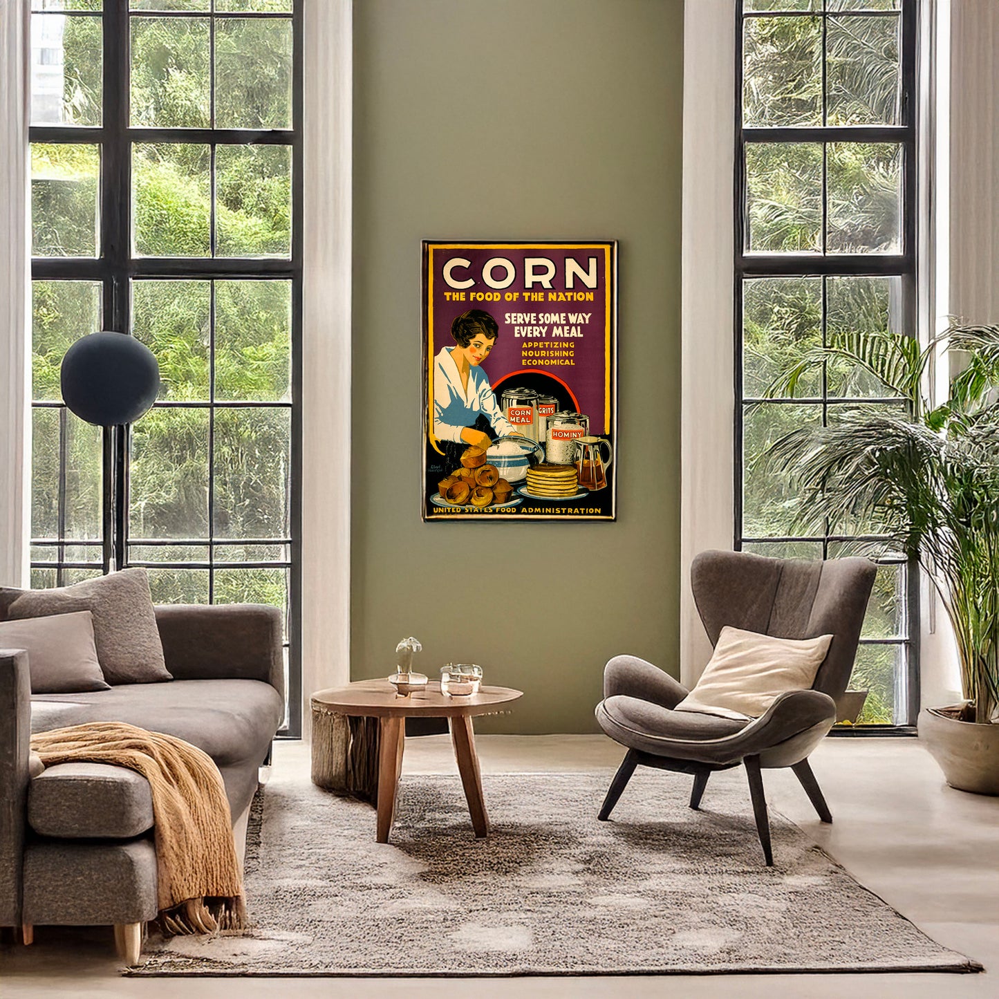 A picture of Corn - the food of the nation Serve some way every meal - appetizing, nourishing, economical /, a mockup of the print leaning against a wall