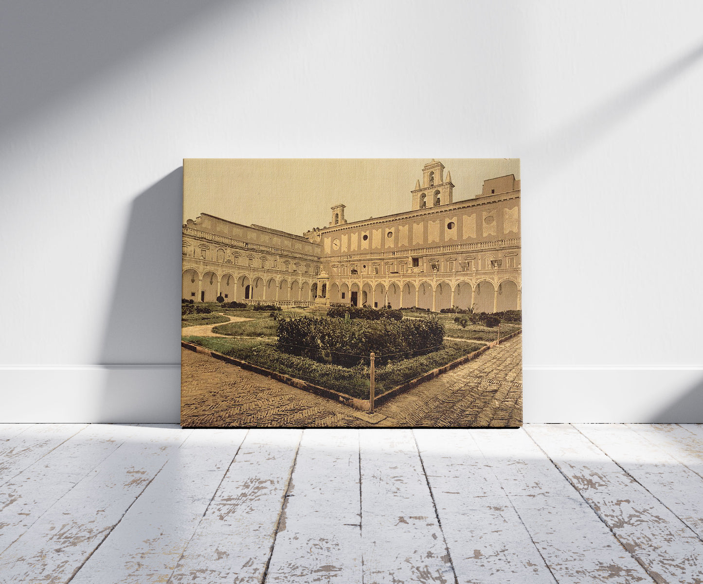 A picture of Courtyard, Naples, Italy, a mockup of the print leaning against a wall