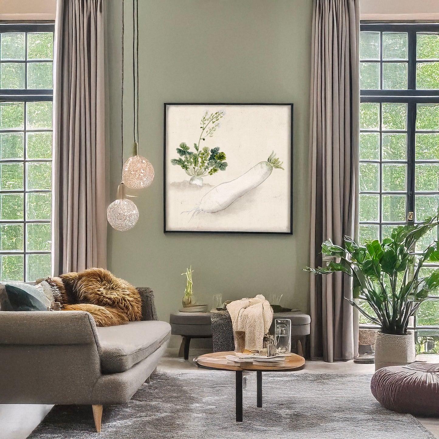A picture of Daikon radish with plant growing in the background, a mockup of the print leaning against a wall