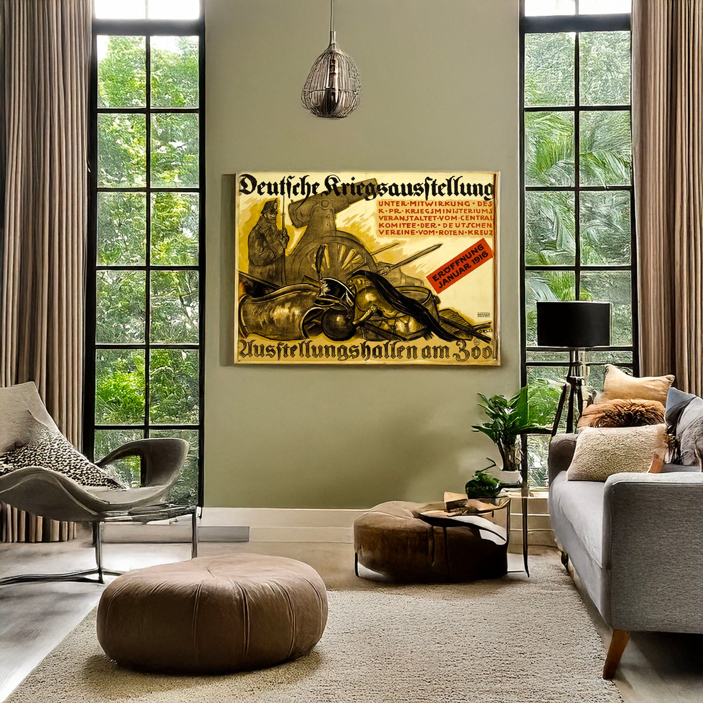 A picture of Deutsche Kriegsausstellung ... Ausstellungshallen am Zoo, a mockup of the print leaning against a wall