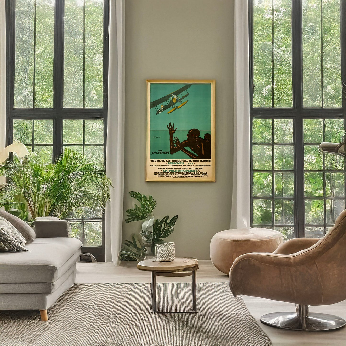 A picture of Deutsche Luftkriegsbeute Ausstellung, München, 1918, a mockup of the print leaning against a wall