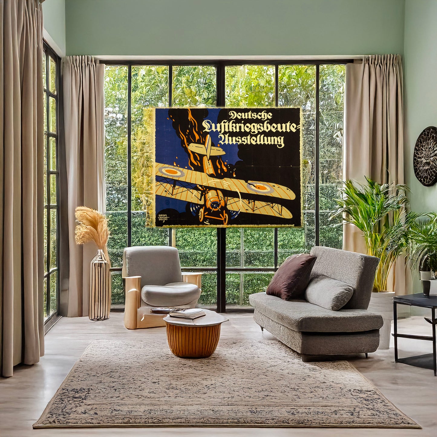 A picture of Deutsche Luftkriegsbeute Ausstellung, a mockup of the print leaning against a wall