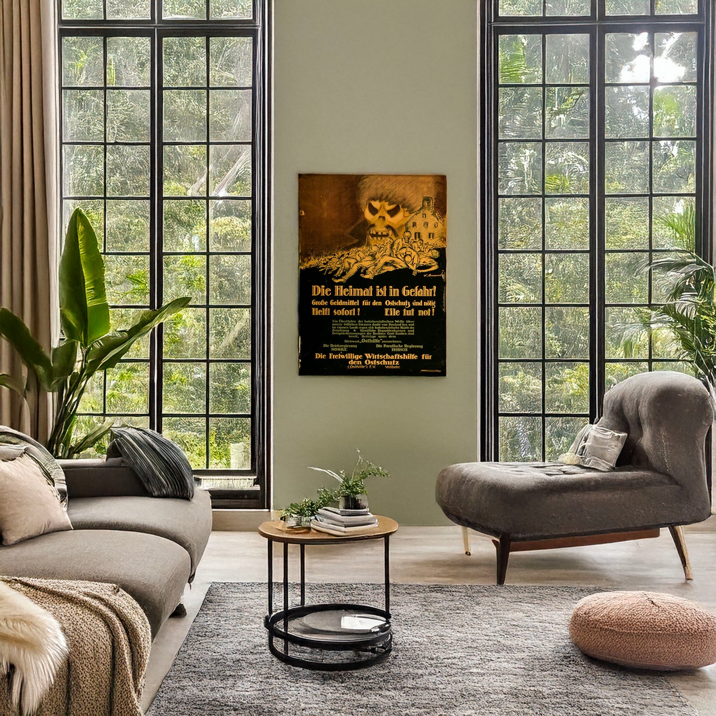 A picture of Die Heimat ist in Gefahr!, a mockup of the print leaning against a wall