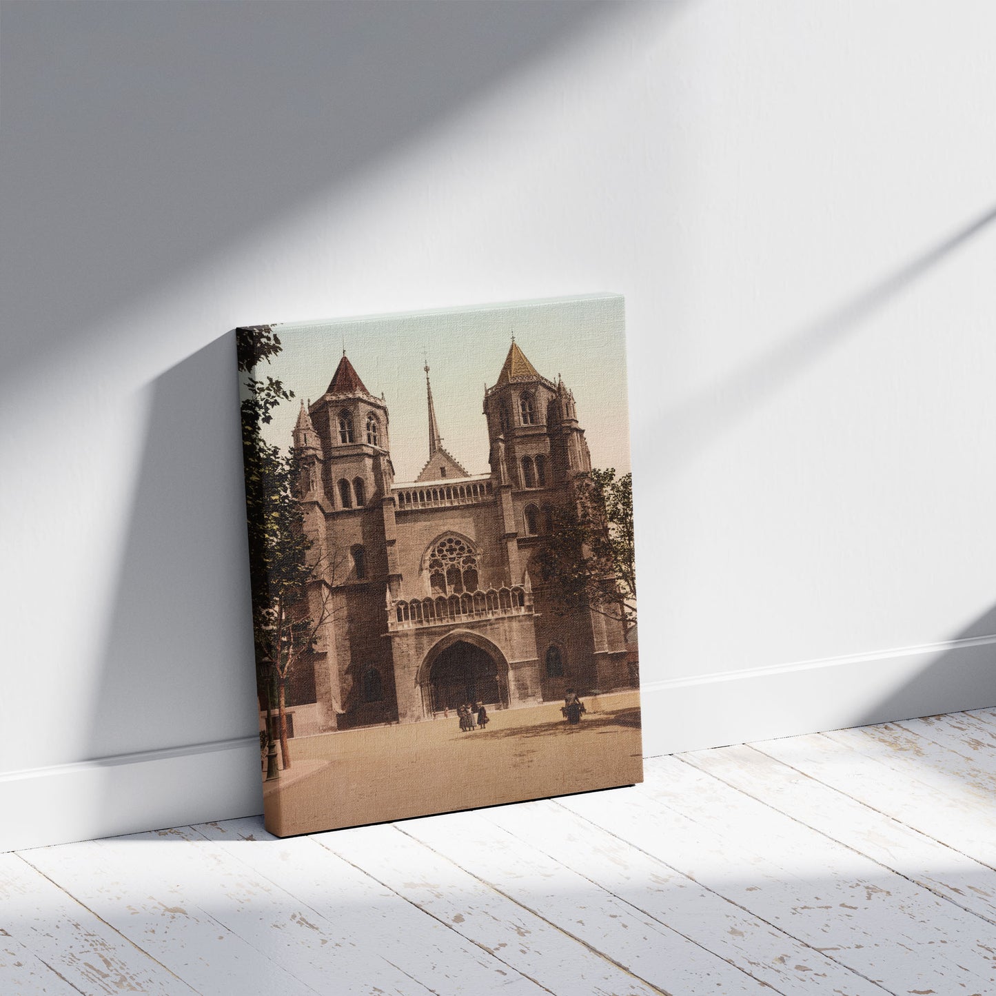 A picture of Dijon. La Cathédrale Saint-Bénigme, a mockup of the print leaning against a wall