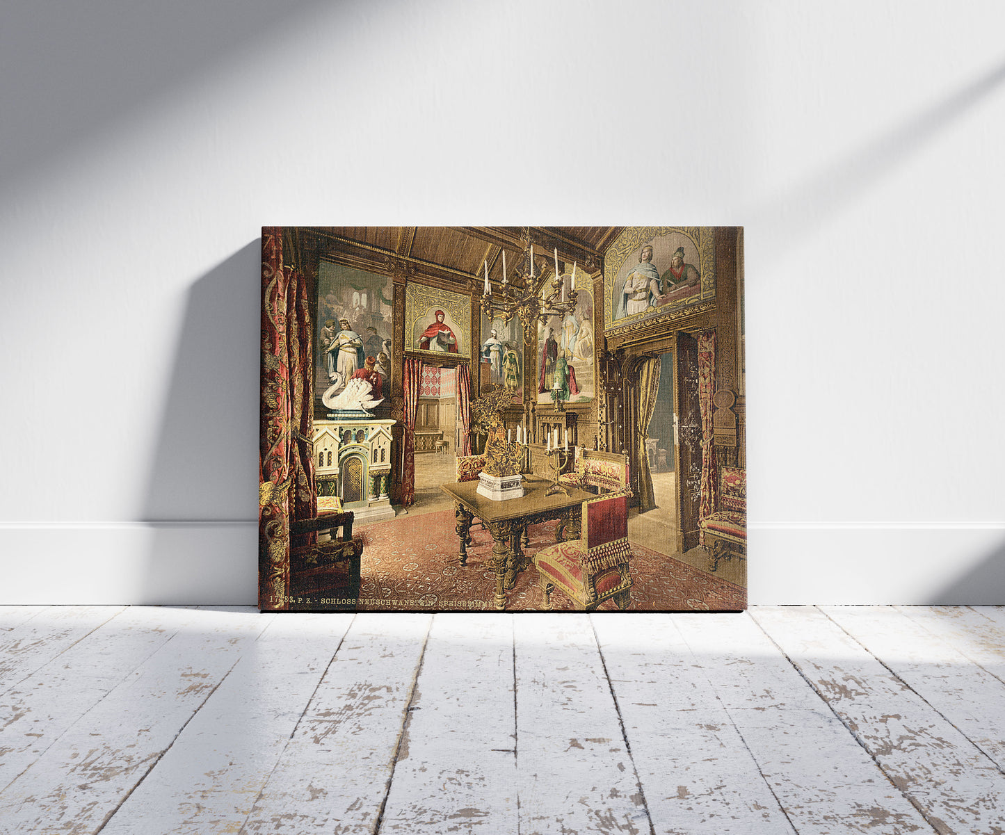 A picture of Dining room, Neuschwanstein Castle, Upper Bavaria, Germany, a mockup of the print leaning against a wall