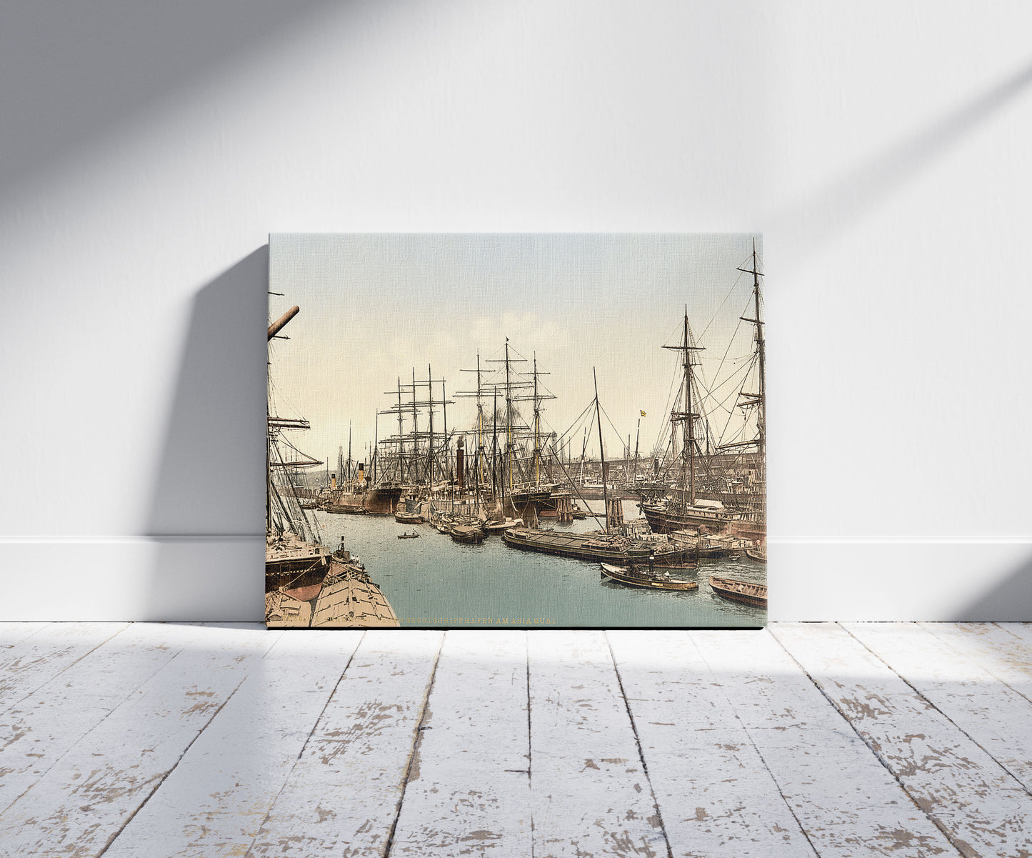A picture of Docks and shipping, Hamburg, Germany, a mockup of the print leaning against a wall