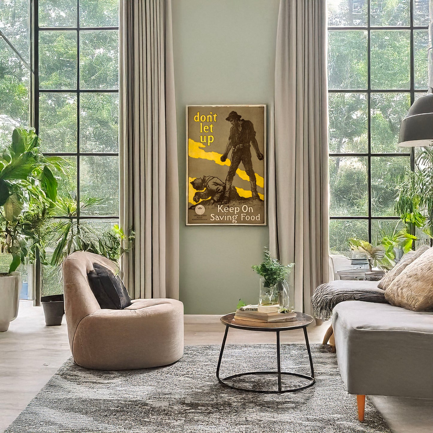 A picture of Don't let up - Keep on saving food, a mockup of the print leaning against a wall