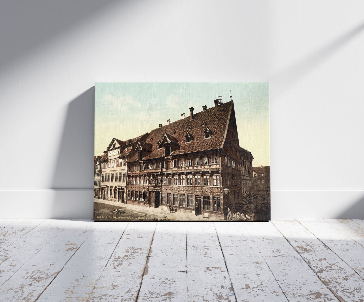 A picture of Ducal Brewery, Brunswick (i.e., Braunschweig), Germany, a mockup of the print leaning against a wall