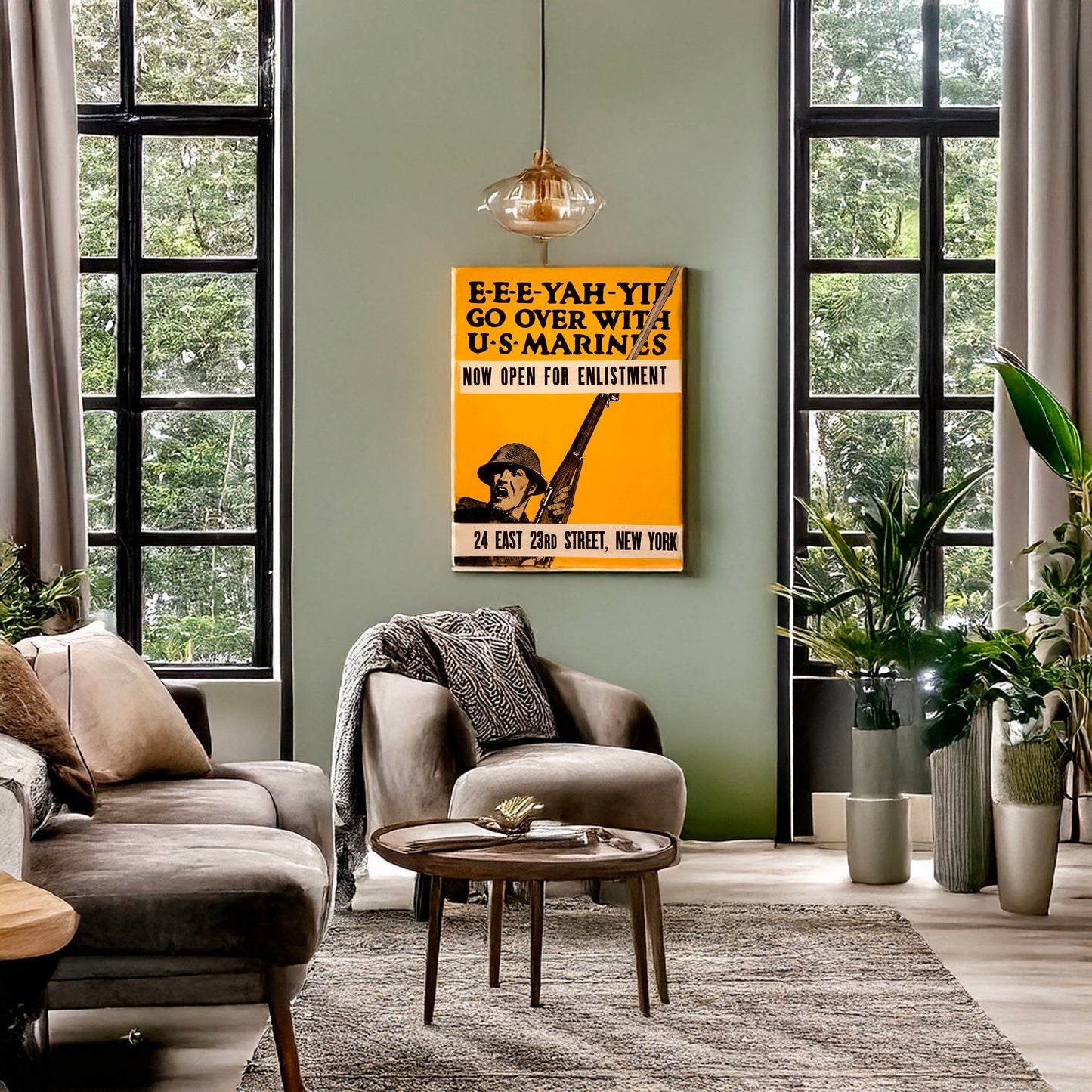 A picture of E-e-e-yah-yip Go over with U.S. Marines., a mockup of the print leaning against a wall