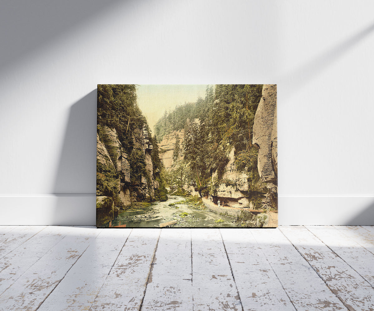 A picture of Edmunds Klamm, Bohemian Switzerland, Bohemia, Austro-Hungary, a mockup of the print leaning against a wall