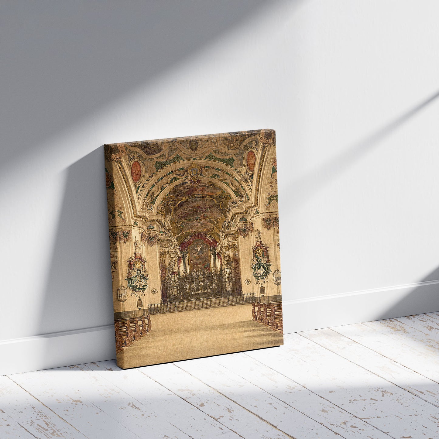 A picture of Einsiedeln, interior of Church, Lake Lucerne, Switzerland, a mockup of the print leaning against a wall
