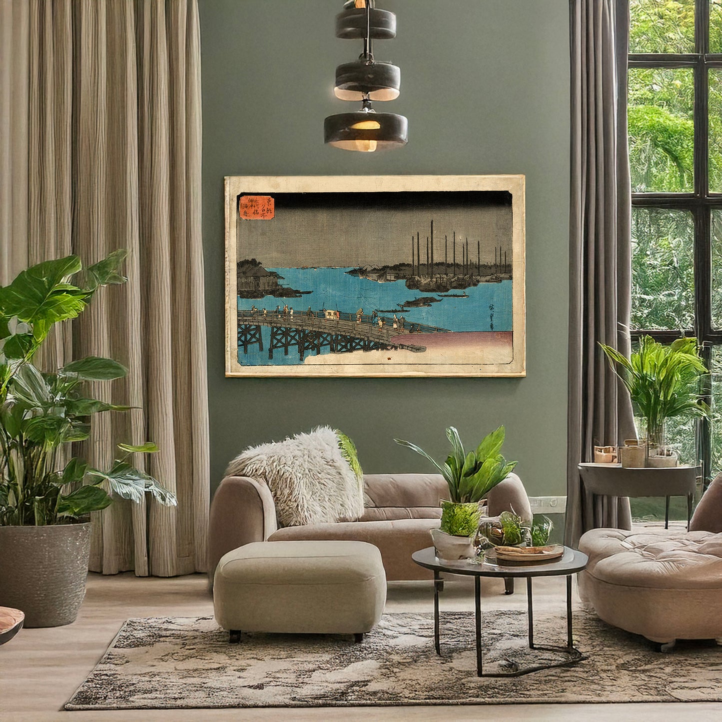 A picture of Eitaibashi tsukuda oki isaribune, a mockup of the print leaning against a wall