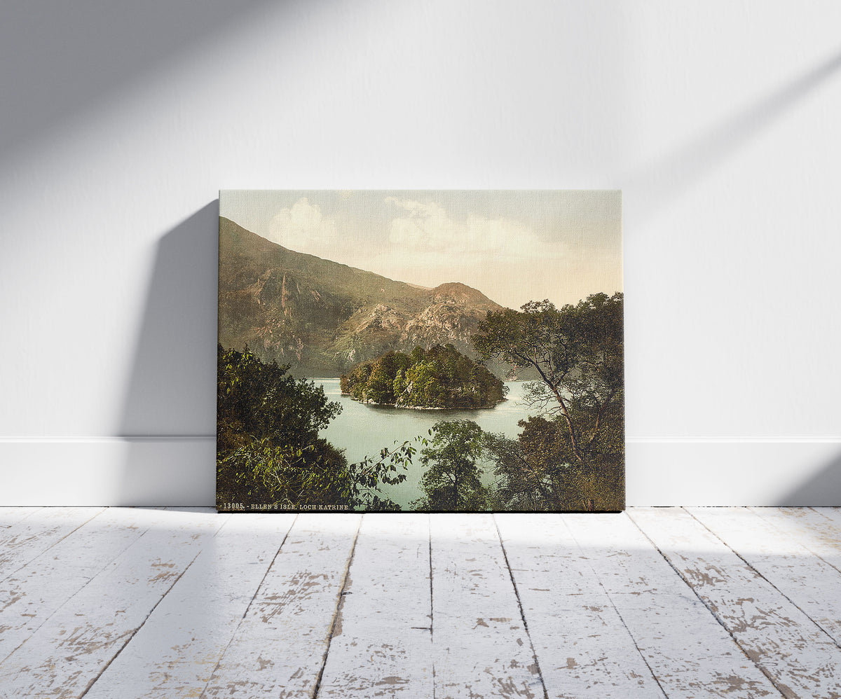 A picture of Ellen's Isle, Loch Katrine, Trossachs, Scotland, a mockup of the print leaning against a wall