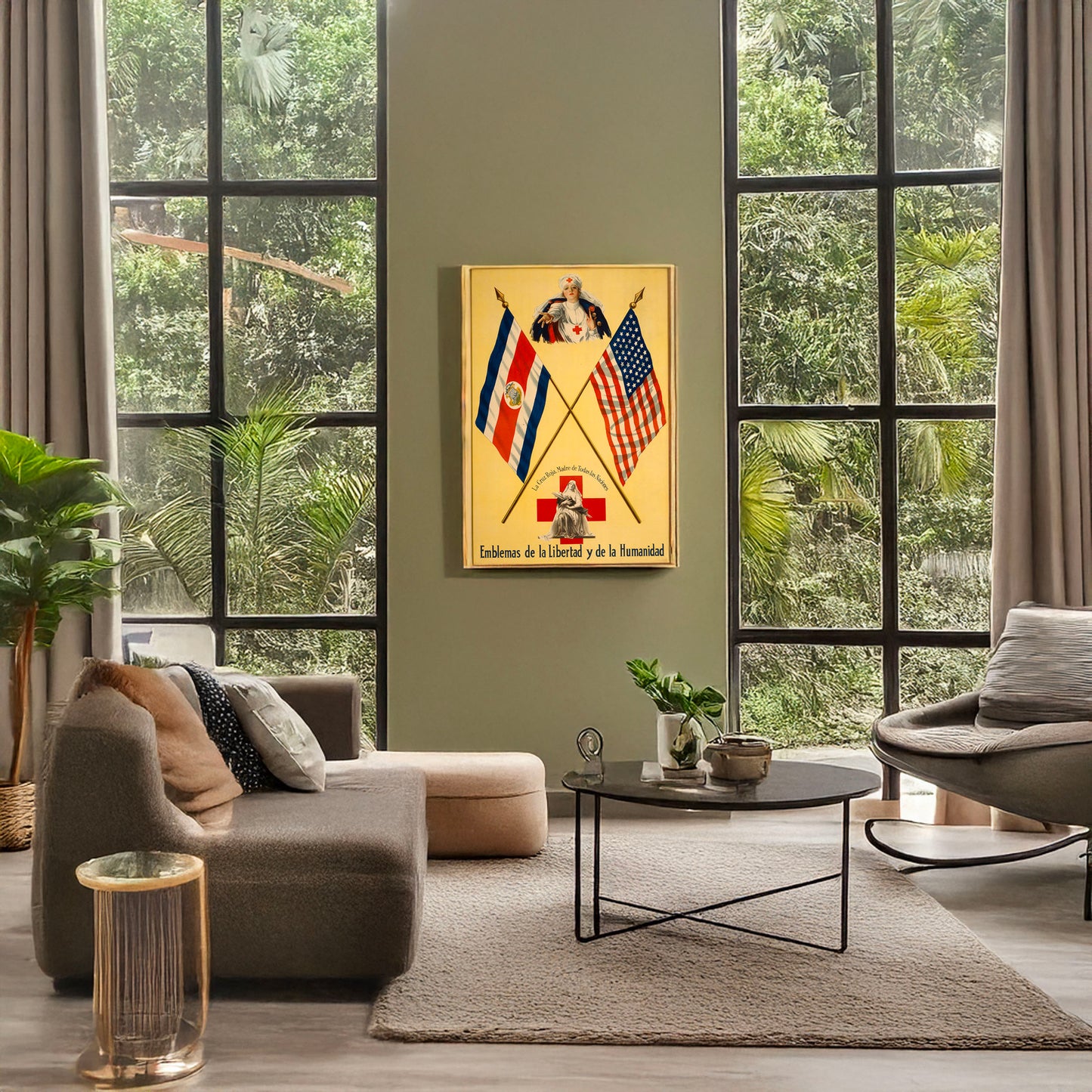 A picture of Emblemas de la libertad y de la humanidad La Cruz Roja, Madre de todas las naciones., a mockup of the print leaning against a wall