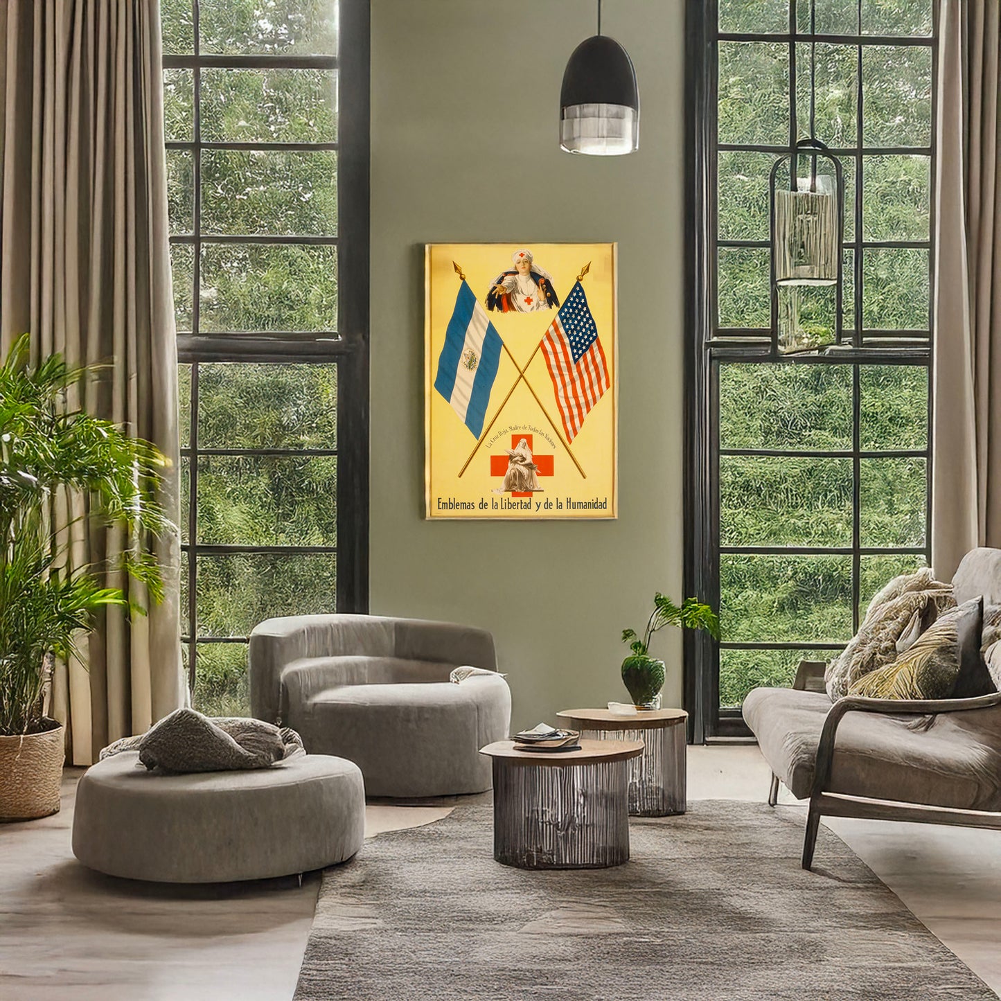 A picture of Emblemas de la libertad y de la humanidad La Cruz Roja, Madre de todas las naciones., a mockup of the print leaning against a wall