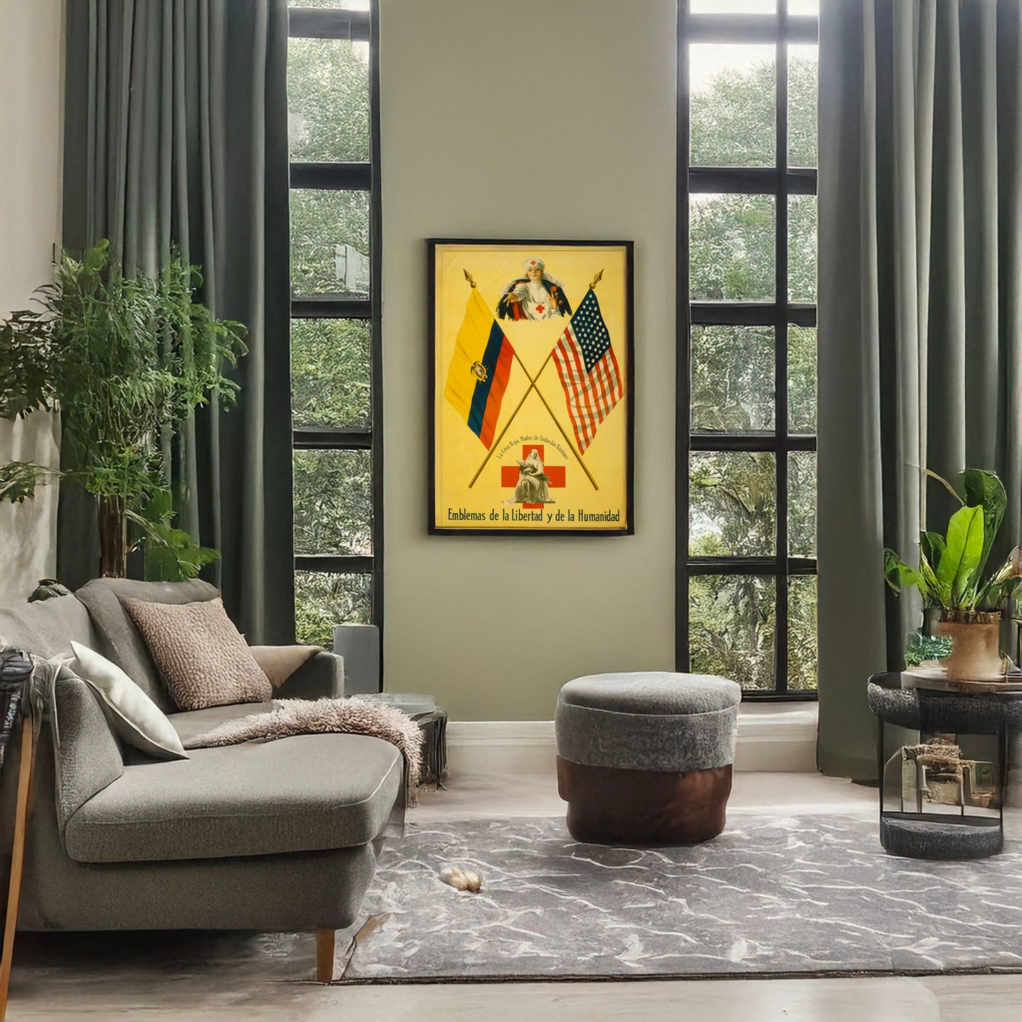 A picture of Emblemas de la libertad y de la humanidad La Cruz Roja, Madre de todas las naciones., a mockup of the print leaning against a wall