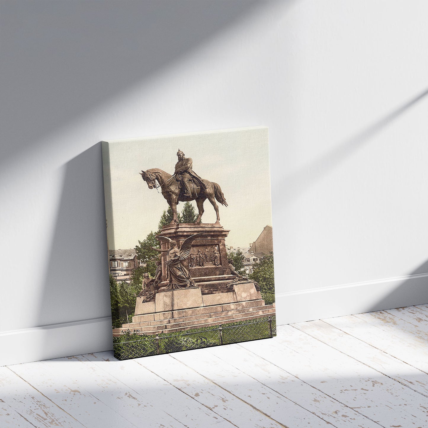 A picture of Emperor William's Monument, Frankfort on Main (i.e. Frankfurt am Main), Germany, a mockup of the print leaning against a wall