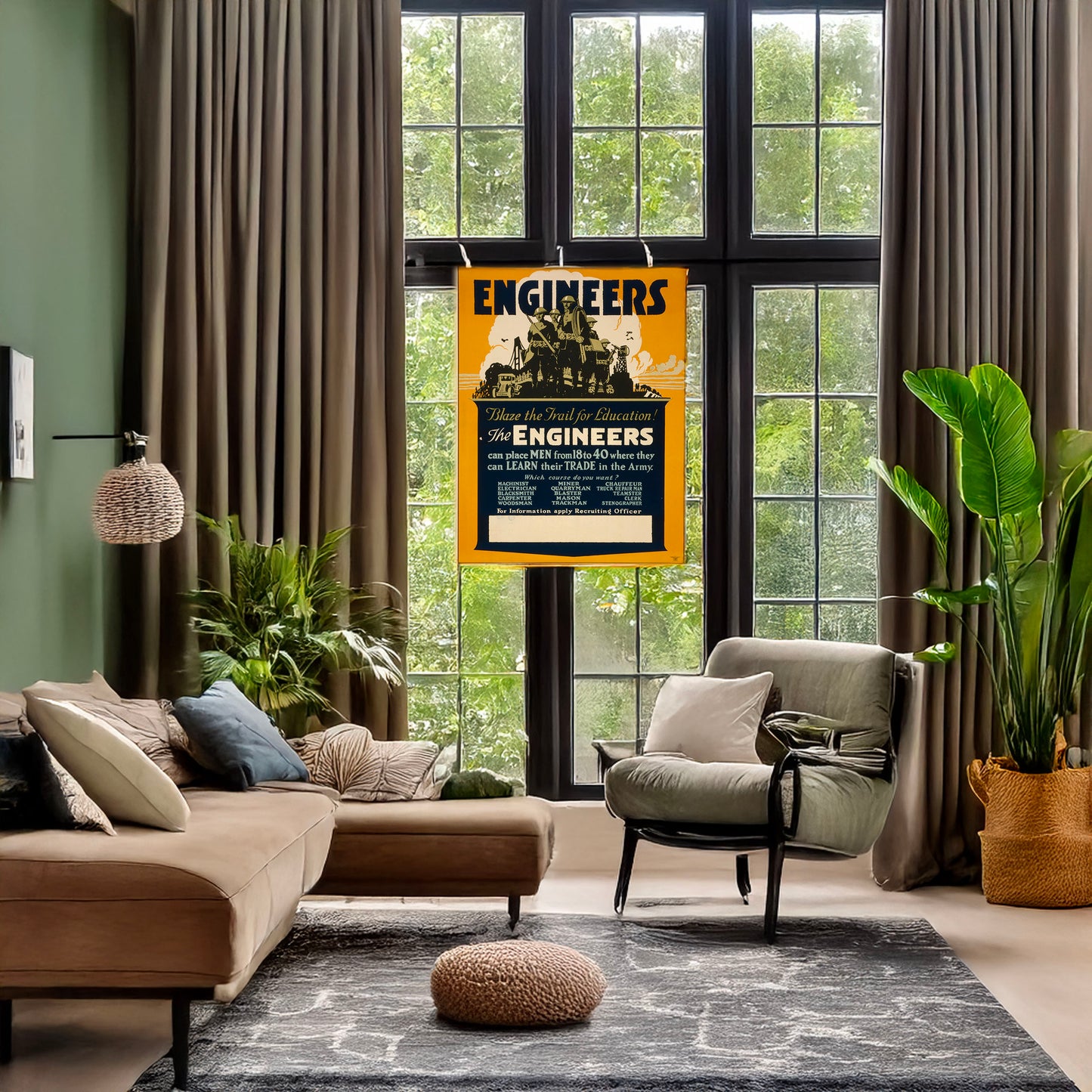 A picture of Engineers blaze the trail for education! The engineers can place men from 18 to 40 where they can learn their trade in the Army., a mockup of the print leaning against a wall