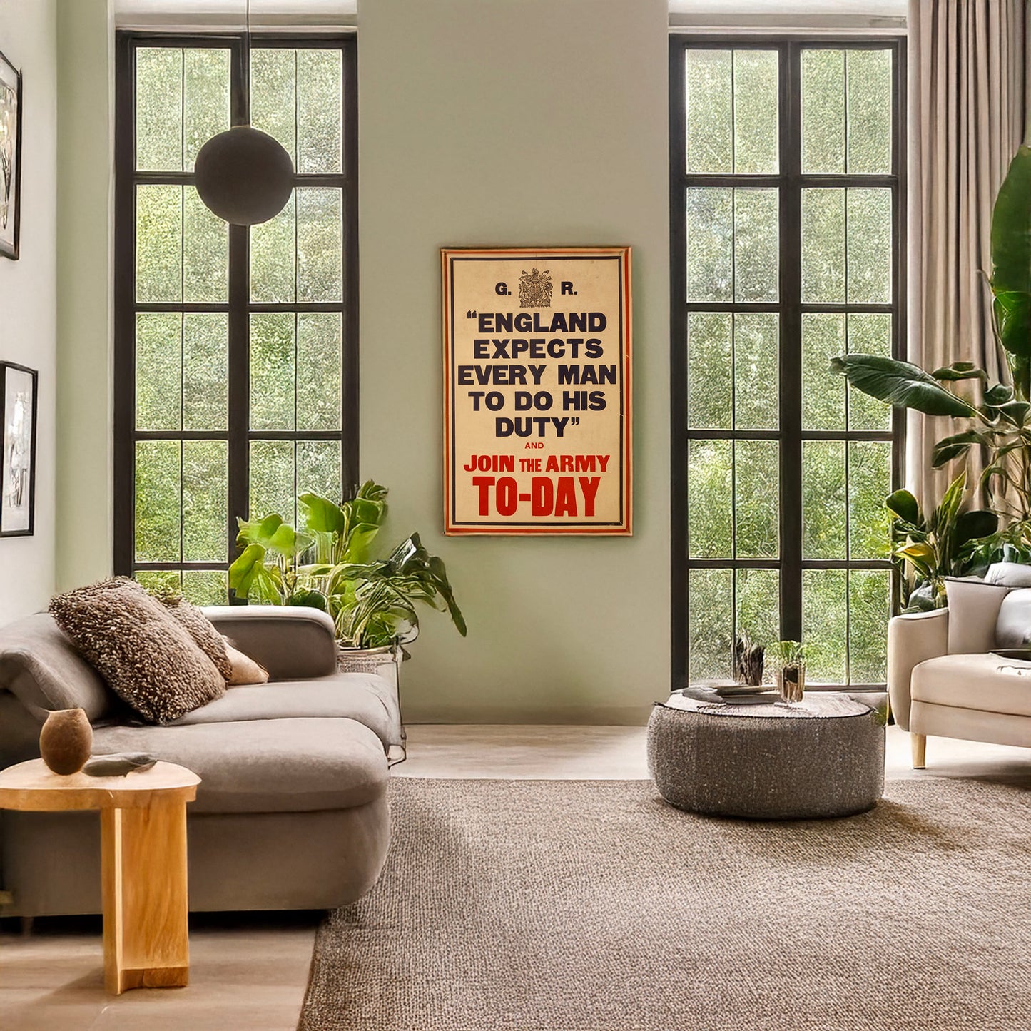 A picture of "England expects every man to do his duty" and join the army to-day, a mockup of the print leaning against a wall