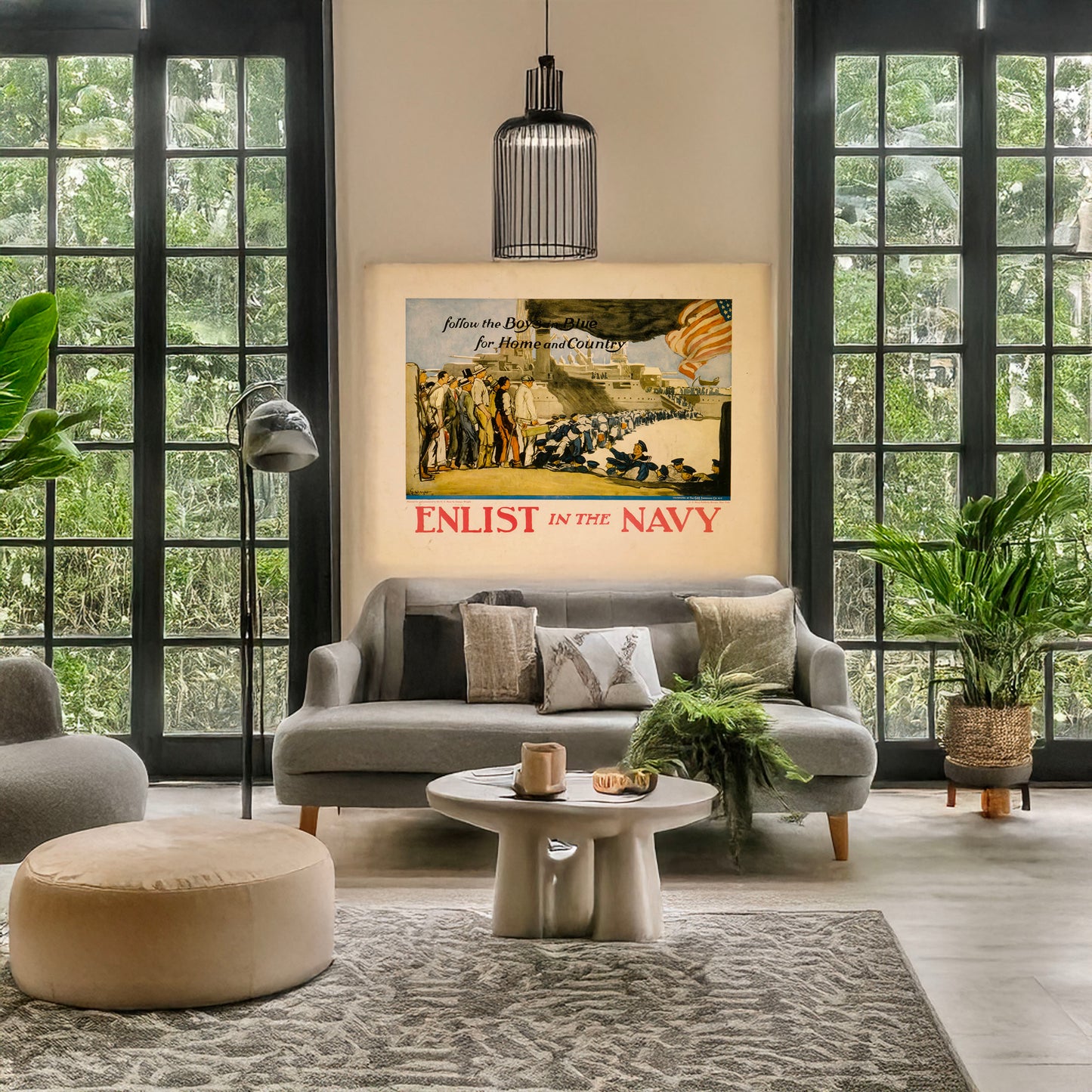 A picture of Enlist in the Navy follow the boys in blue for home and country /, a mockup of the print leaning against a wall