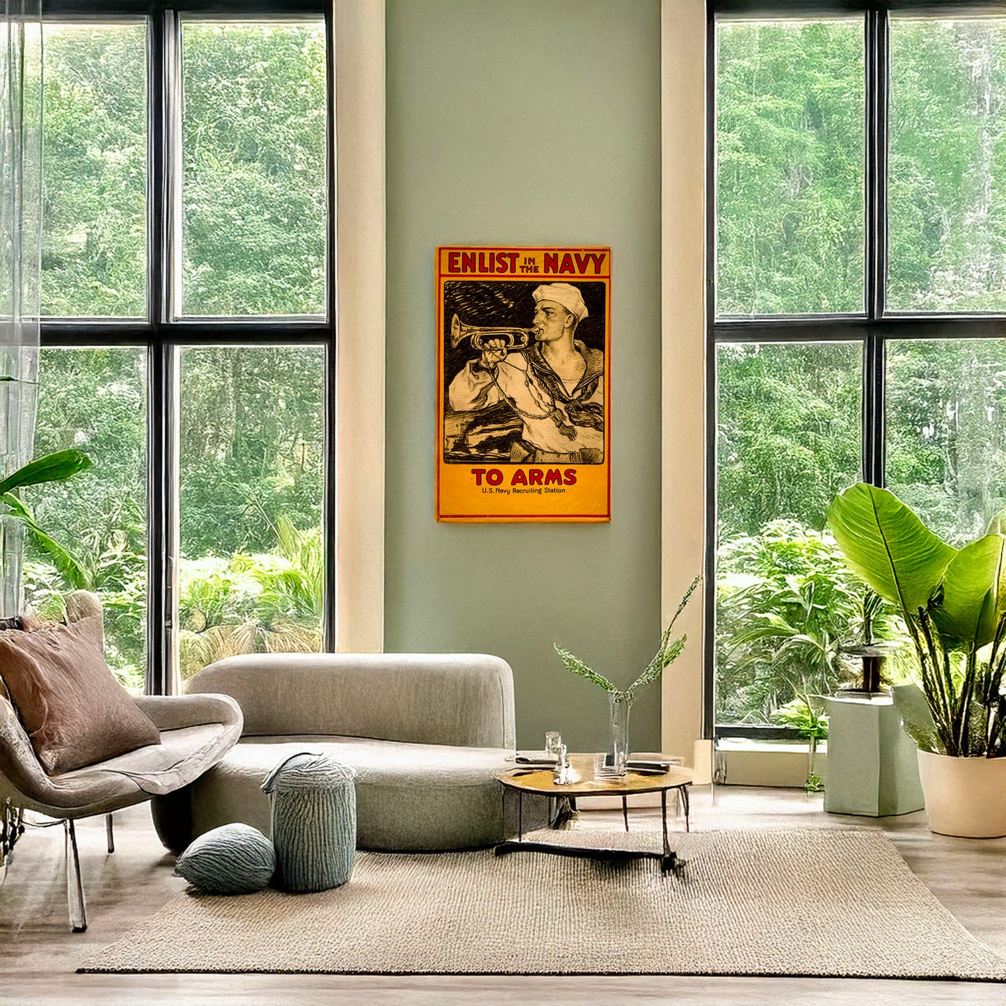 A picture of Enlist in the Navy To arms /, a mockup of the print leaning against a wall